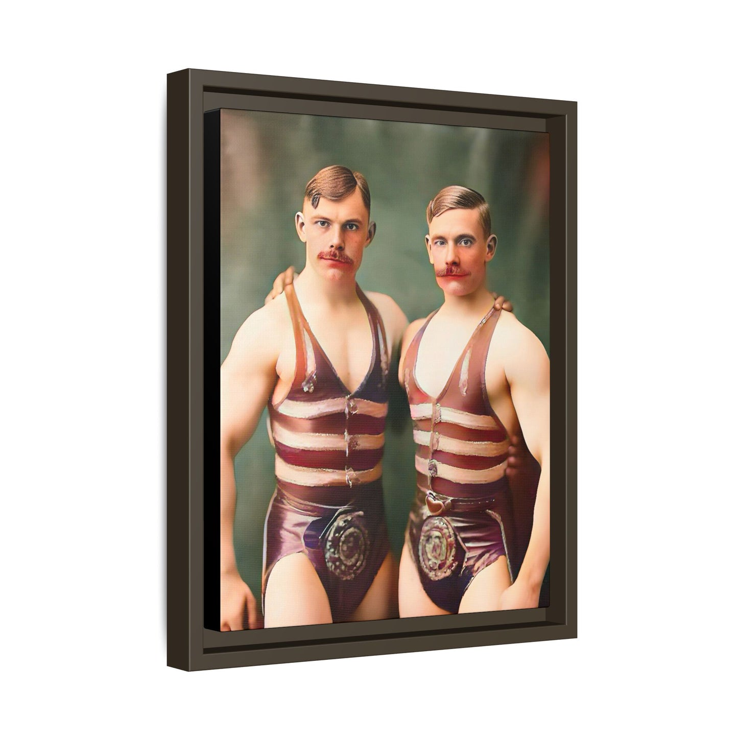 Restored early 1900s vintage photograph of Oscar and Herman in Pittsburgh, Pennsylvania, wearing striped singlets. Framed matte canvas art celebrating love, strength, and LGBTQ+ history. Gay Circus Couple Performers