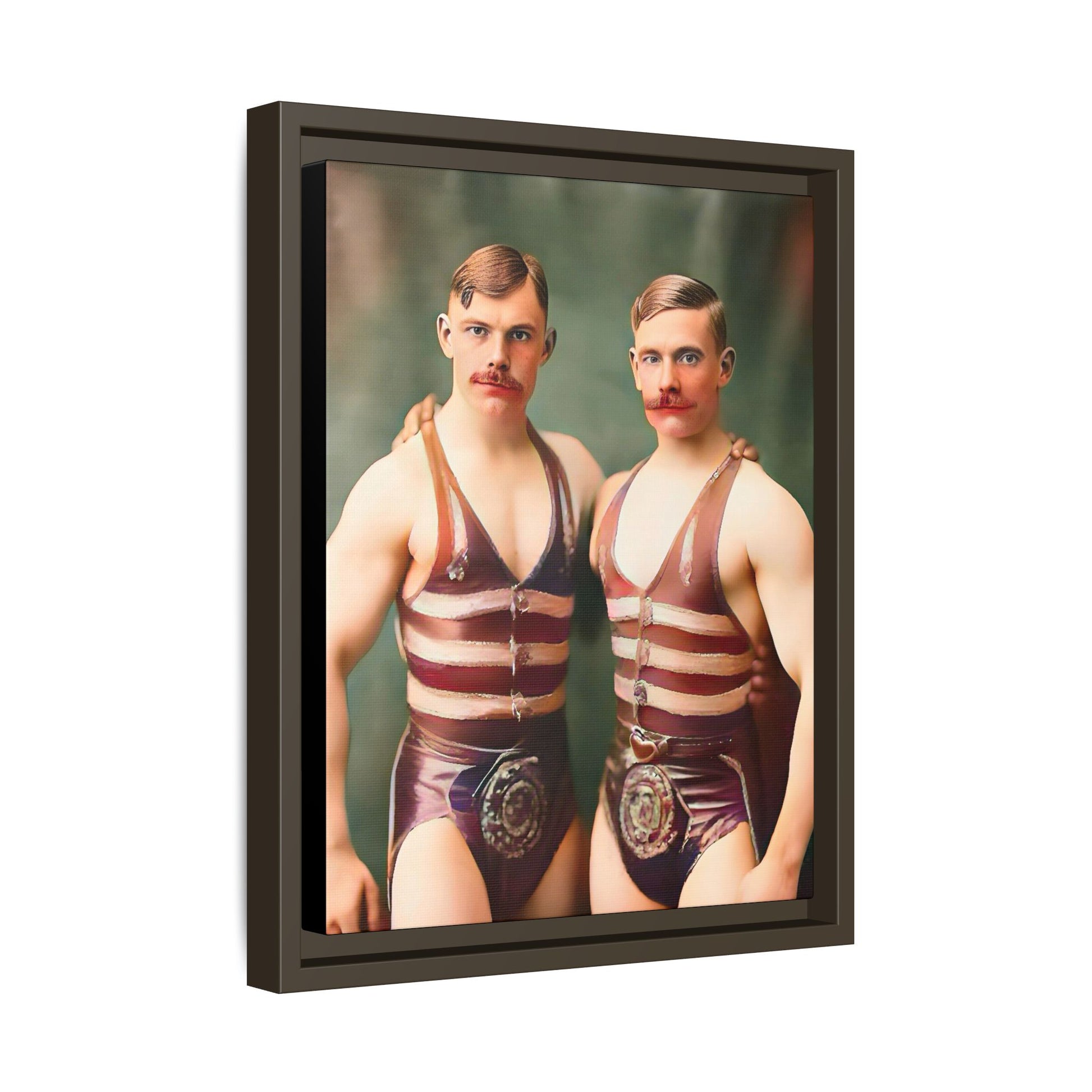 Restored early 1900s vintage photograph of Oscar and Herman in Pittsburgh, Pennsylvania, wearing striped singlets. Framed matte canvas art celebrating love, strength, and LGBTQ+ history. Gay Circus Couple Performers