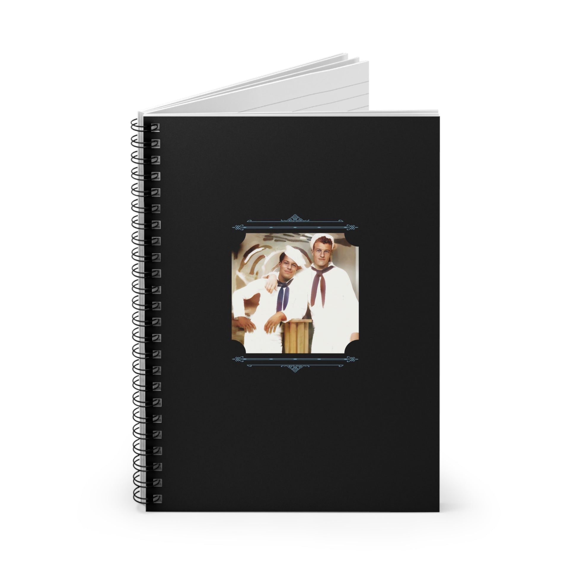 Colorized WWII-era vintage photo of two Navy men affectionately standing side by side, printed on a matte notebook