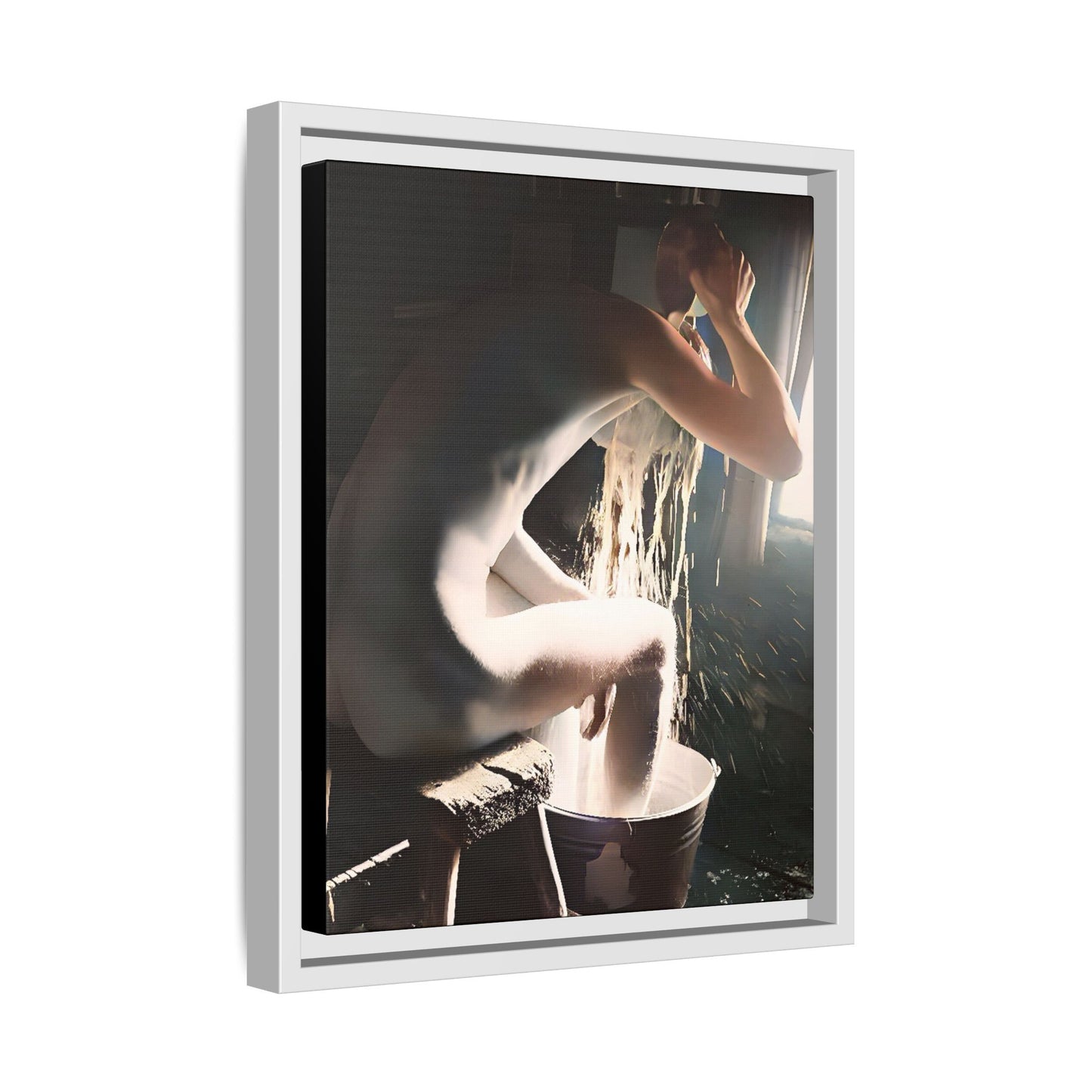 Restored early 20th-century photo of Roy during a rustic bathing ritual in Rock Springs, Wyoming, framed as wall décor celebrating simplicity and renewal.