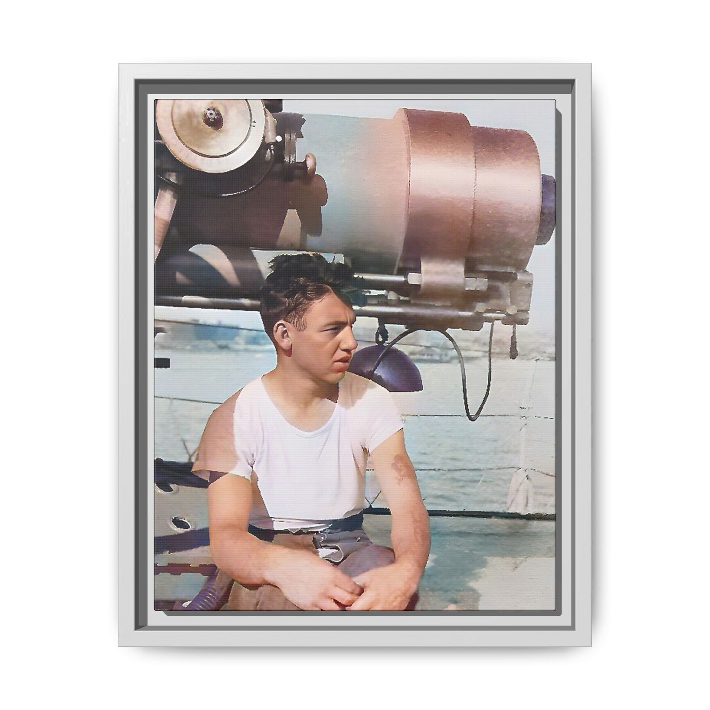 A restored vintage portrait of Harvey aboard the USS Oklahoma (BB-37). This framed matte canvas honors naval history, resilience, and service. Battleship Photo