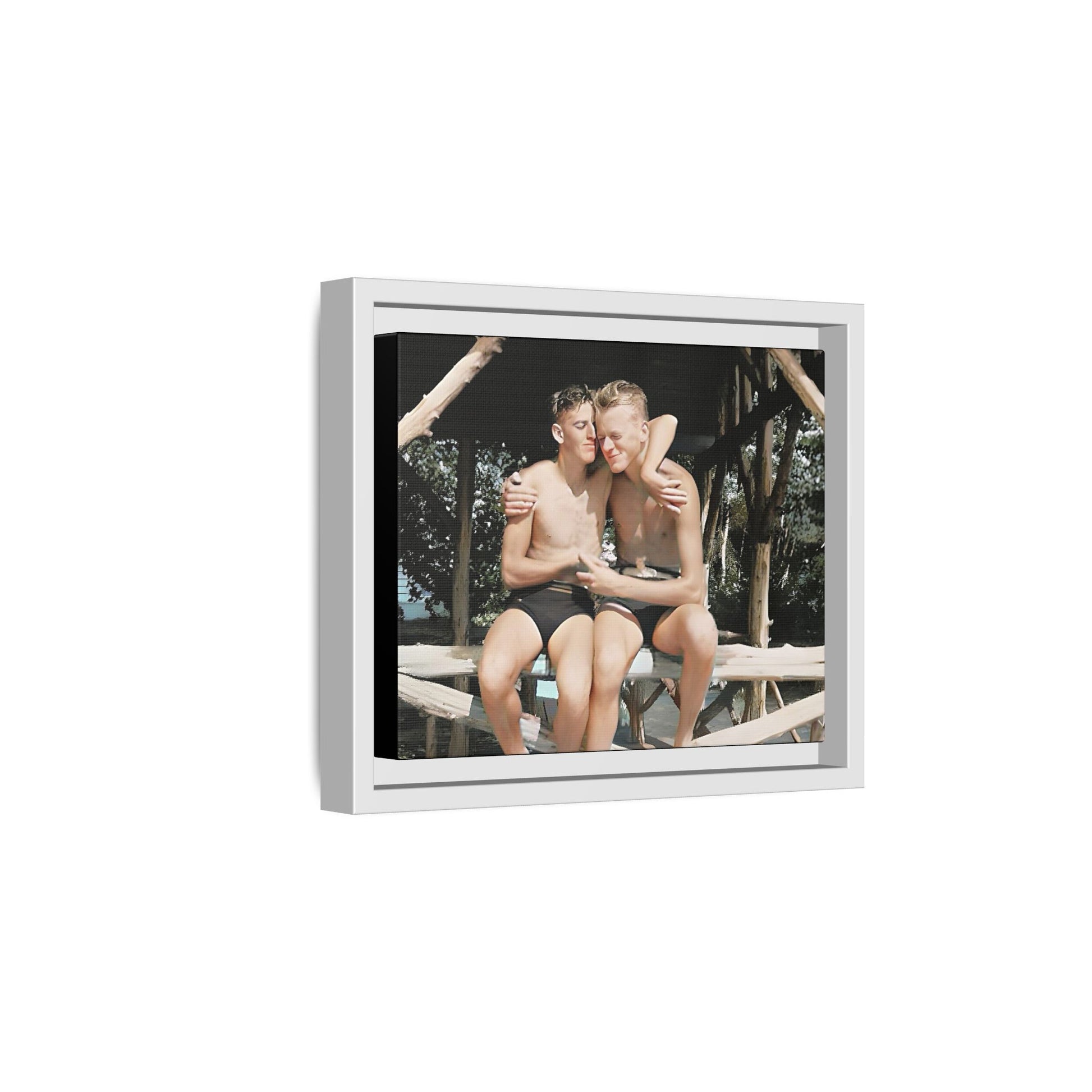 A vintage-inspired framed canvas print featuring Joseph and Billy at Kahena Beach, Hawaii. Their intimate moment under a sunlit pergola captures the warmth of love, freedom, and tropical serenity—perfect for coastal, LGBTQ+, and romantic home decor.