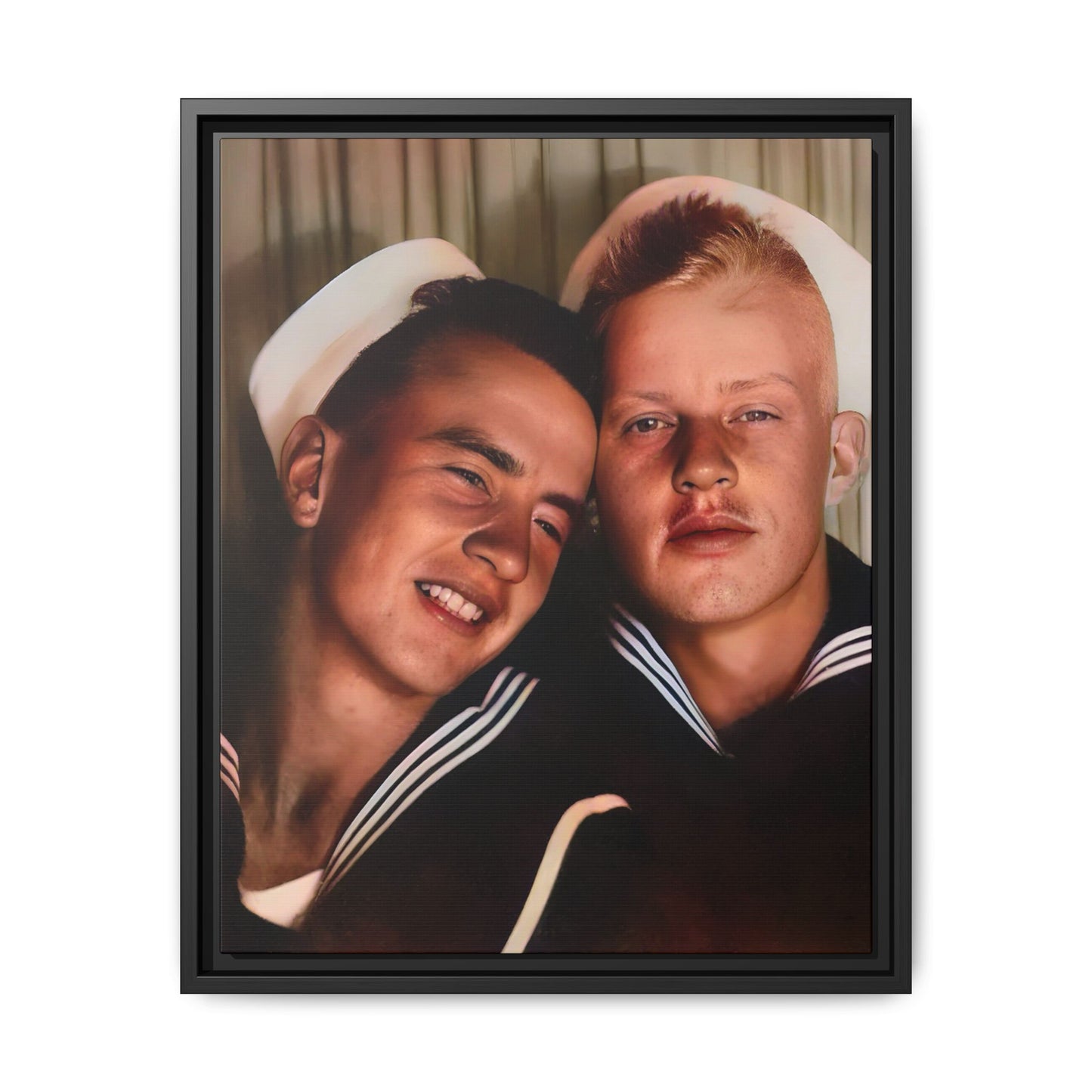 A framed vintage sailor portrait on matte canvas featuring Ray and Clyde in Newport, Rhode Island, capturing timeless LGBTQ+ love and companionship. Gay Couple Photo Booth
