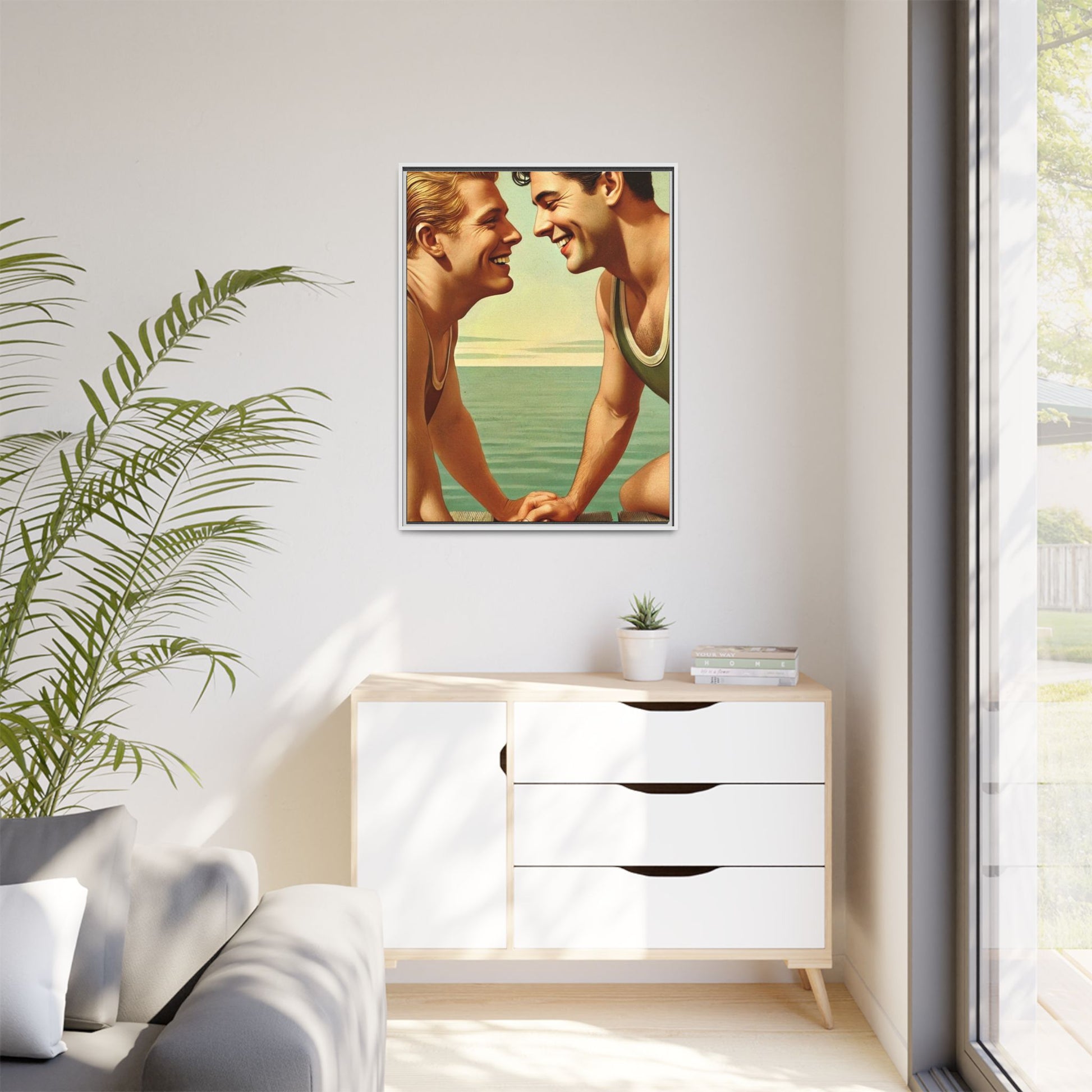 Vintage-style artwork of a joyful 1930s moment between a gay couple by the lake, dressed in classic swimwear and sharing warm smiles. Set on a serene wooden dock, this piece captures love, companionship, and LGBTQ+ history in an idyllic, nostalgic summer setting.