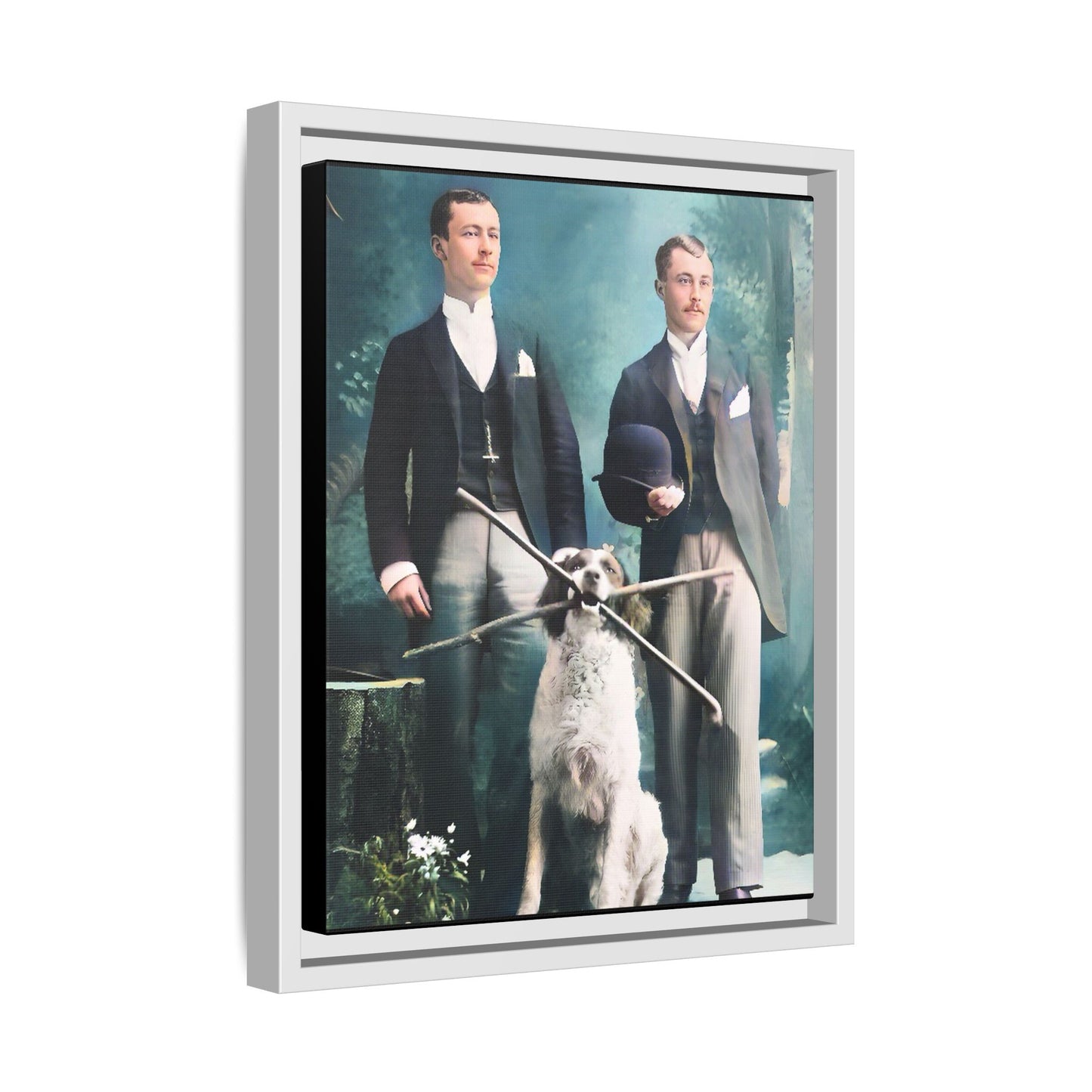 Restored vintage photograph of Patrick and Everett, an Edwardian gay couple with their loyal dog, taken in early 1900s Frankfort, Kentucky. Framed matte canvas print celebrating LGBTQ+ history, love, and companionship. Gay Couple
