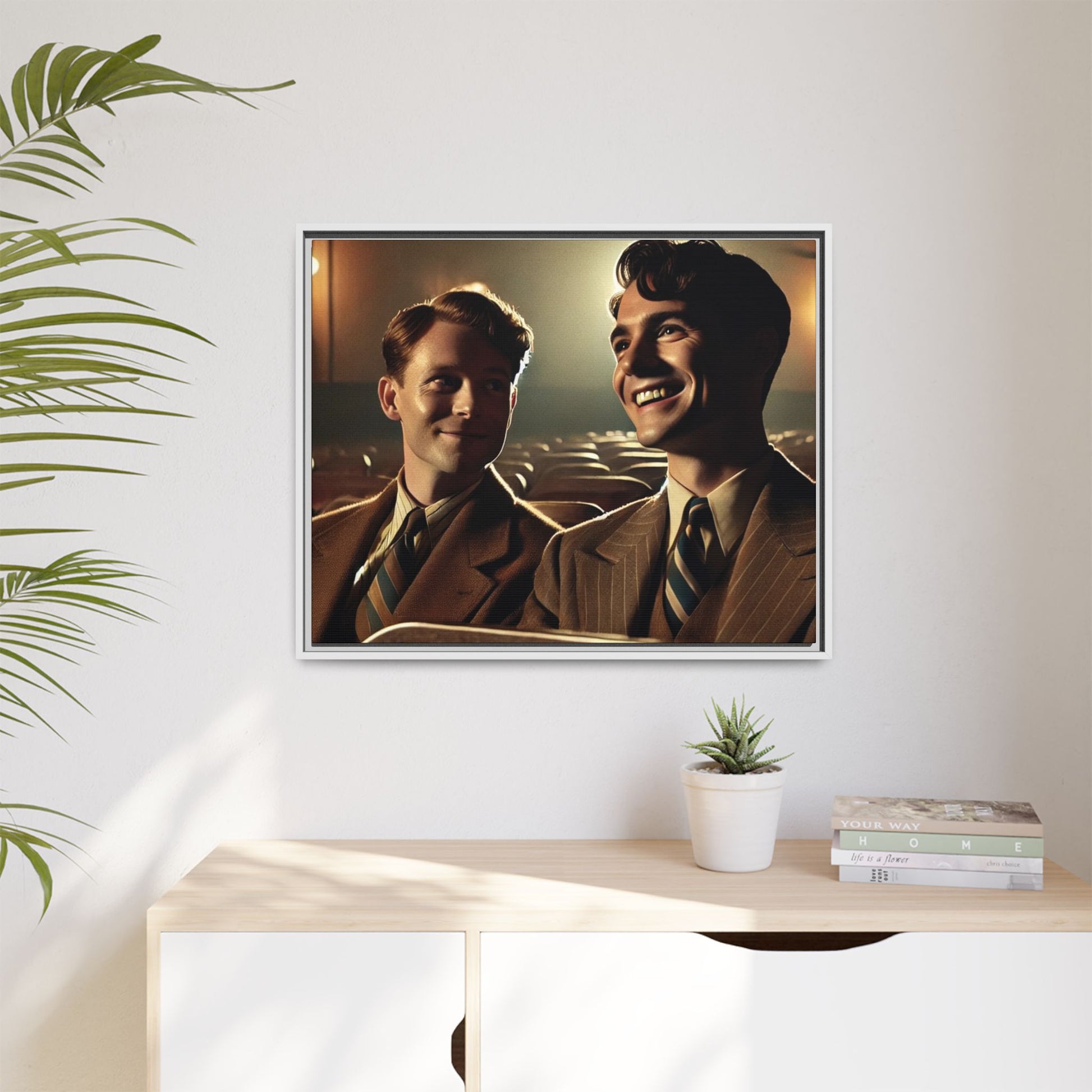Vintage-style photo of two young men sharing an intimate moment on a date in a 1930s movie theater. Dressed in classic pinstripe suits, their smiles and close connection evoke the warmth and charm of the era, celebrating LGBTQ+ history and timeless romance.