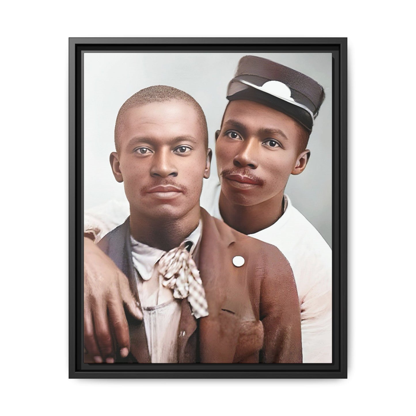 A restored vintage portrait of Willie & Louis at Metro-North Railroad in Harlem, New York. This framed matte canvas celebrates LGBTQ+ history, African American heritage, and timeless love. Gay Couple