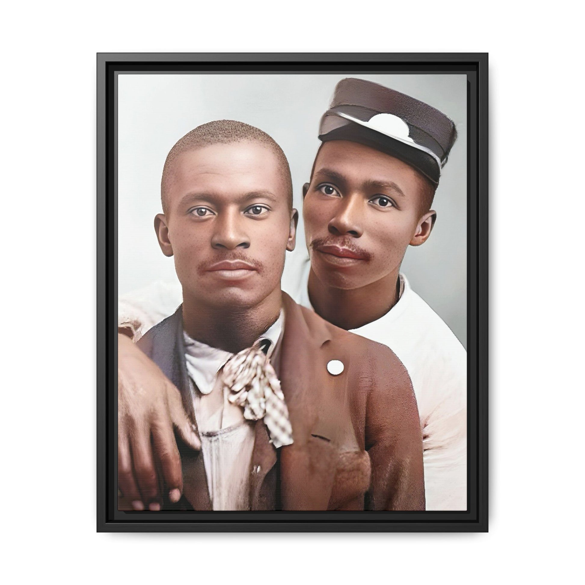 A restored vintage portrait of Willie & Louis at Metro-North Railroad in Harlem, New York. This framed matte canvas celebrates LGBTQ+ history, African American heritage, and timeless love. Gay Couple