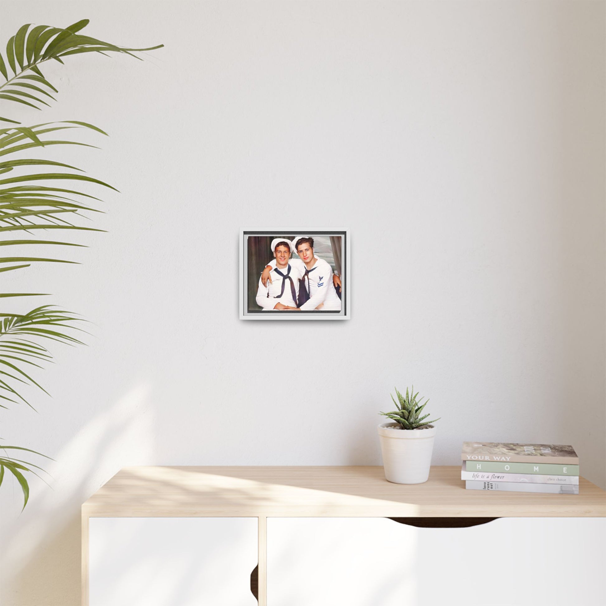 A restored vintage Navy portrait of Kenny and William at Fort Lee, Virginia. This framed matte canvas print honors military camaraderie, resilience, and LGBTQ+ history with a timeless tribute to friendship and love. Gay Couple Sailors Navy
