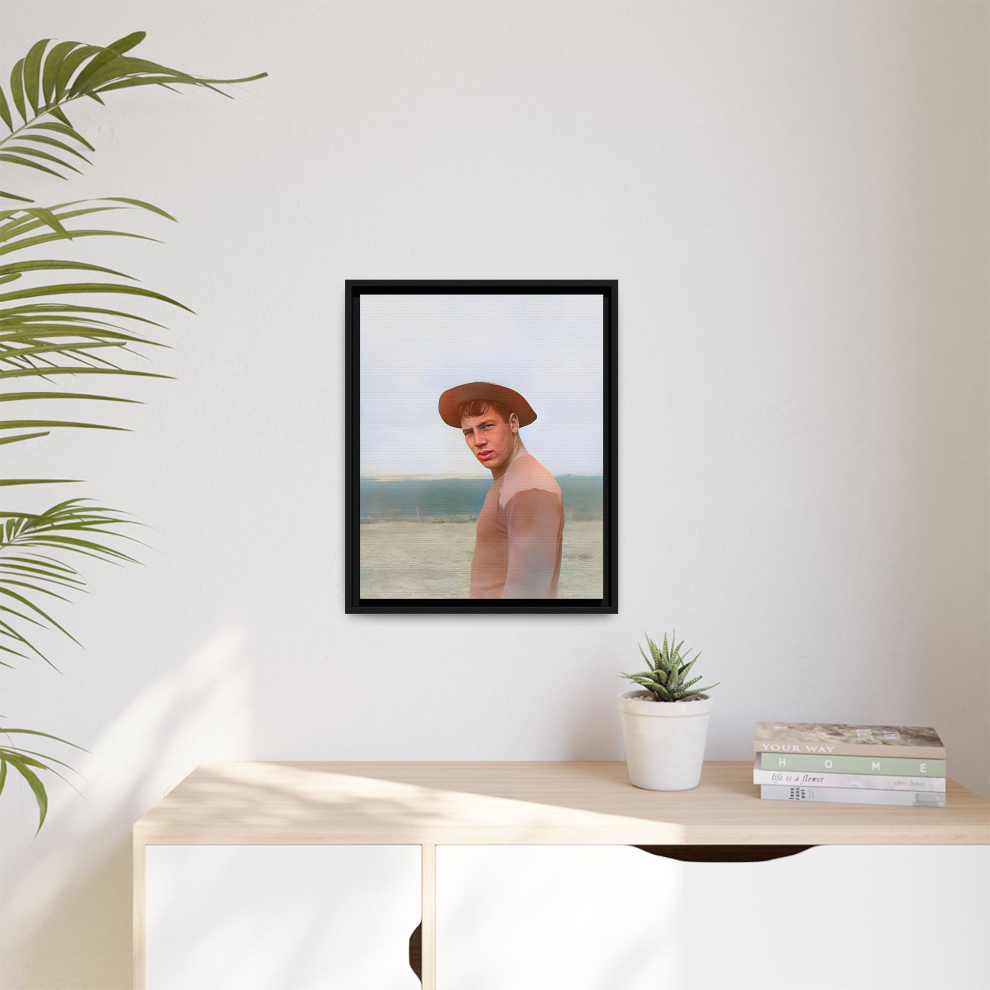 A framed vintage portrait on matte canvas featuring Victor at Cannon Beach, Oregon, capturing the rugged beauty of coastal life.