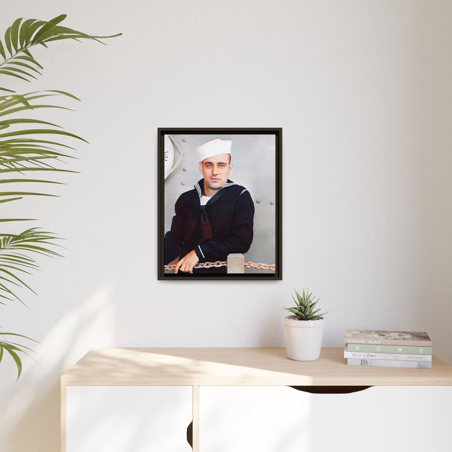 A restored vintage portrait of Francis aboard the USS Might. This framed matte canvas captures naval history, service, and timeless duty.