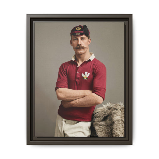 Restored historical rugby portrait with three-feathers badge reproduced as framed canvas art