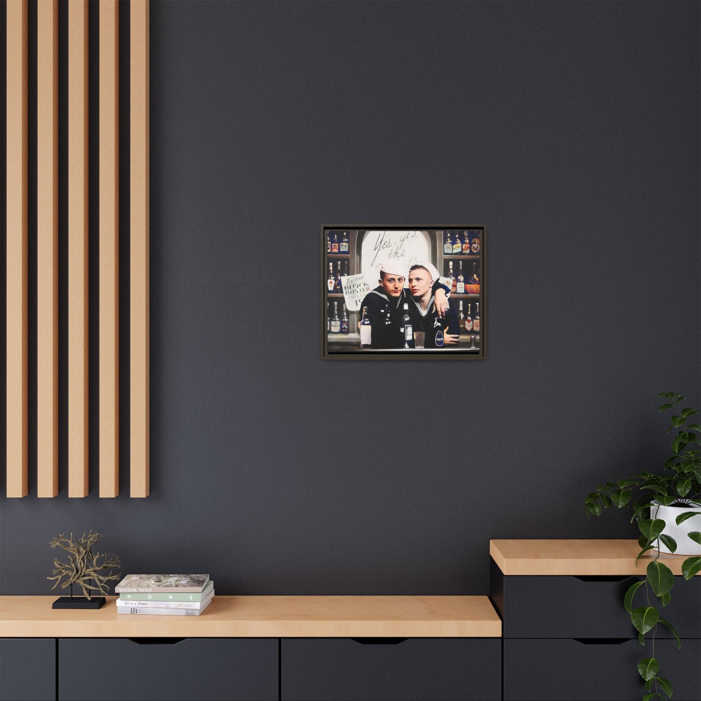A restored vintage photo of Matt & Cory at Naval Air Station Alameda, CA. This framed matte canvas print captures camaraderie, LGBTQ+ history, and the spirit of military service, making it a unique and nostalgic keepsake for history lovers. Gay Couple Sailors