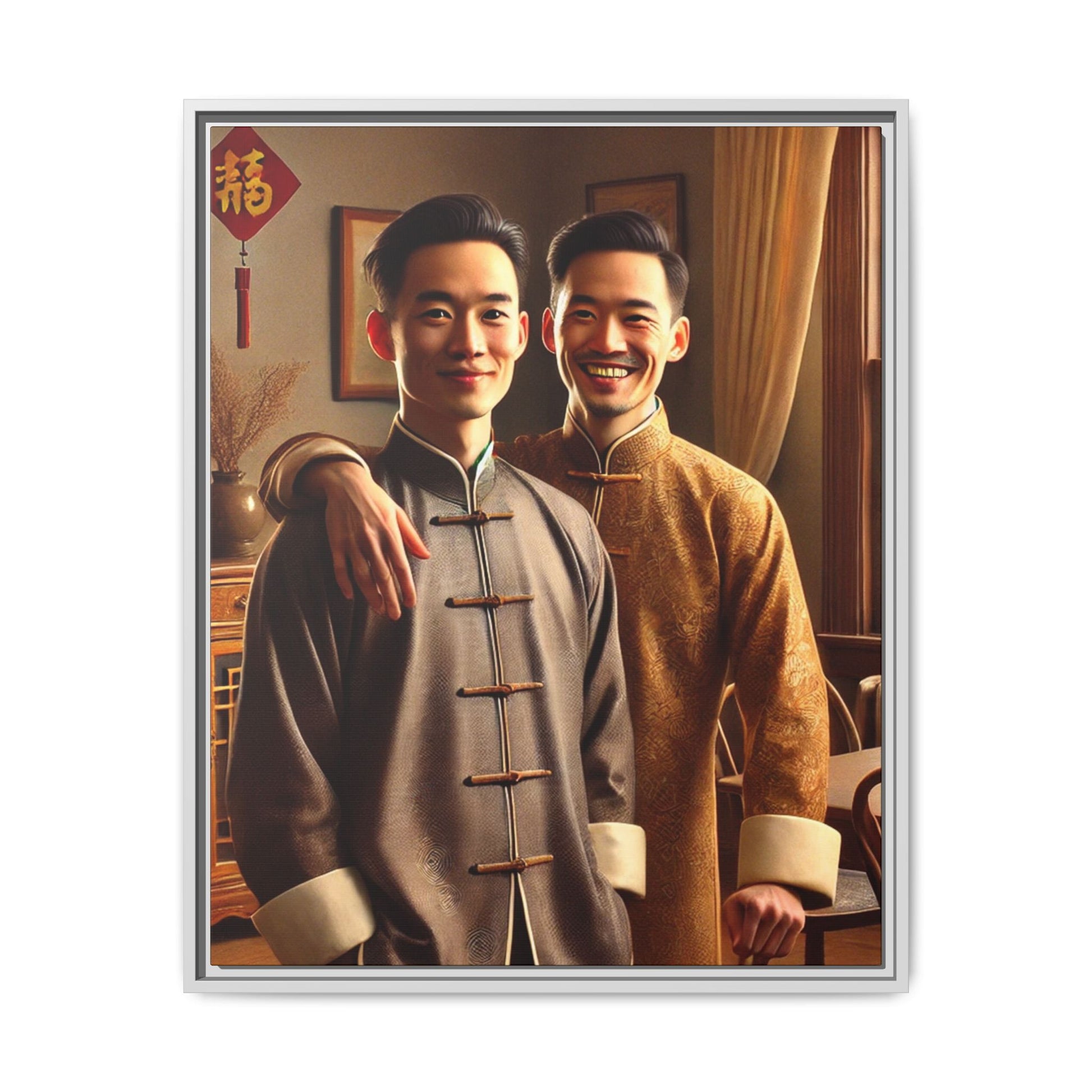 Artwork featuring a joyful portrait of a Chinese queer couple celebrating Chinese New Year in traditional attire. Set in a cozy American home adorned with subtle decorations, this image captures love, cultural pride, and warmth, blending Chinese heritage with a Midwestern setting