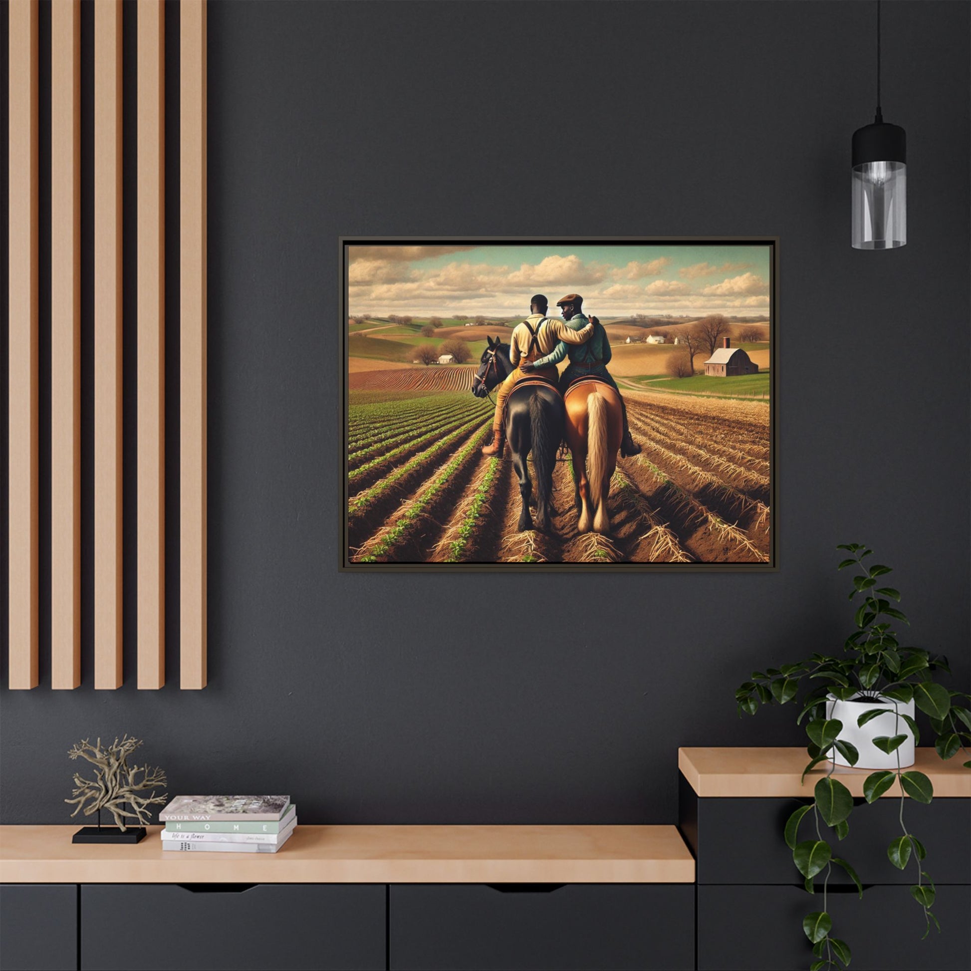 Artwork of an African-American gay couple riding horseback through expansive farmland, sharing a tender moment as they overlook lush fields. Dressed in rugged vintage attire, this scene captures resilience, love, and the charm of rural life, celebrating LGBTQ+ history and African-American heritage.