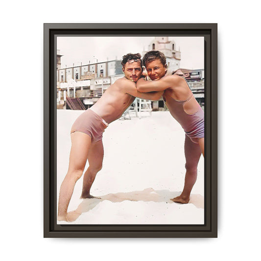 A vintage LGBTQ+ beach photo of Kenneth and Herman in Atlantic City, celebrating summer love and nostalgia. This restored and colorized canvas print captures the joy of seaside romance, making it a perfect addition to any vintage decor collection.