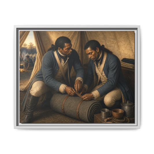 Museum-inspired Revolutionary War portrait depicting African American soldiers organizing camp equipment in a military encampment.