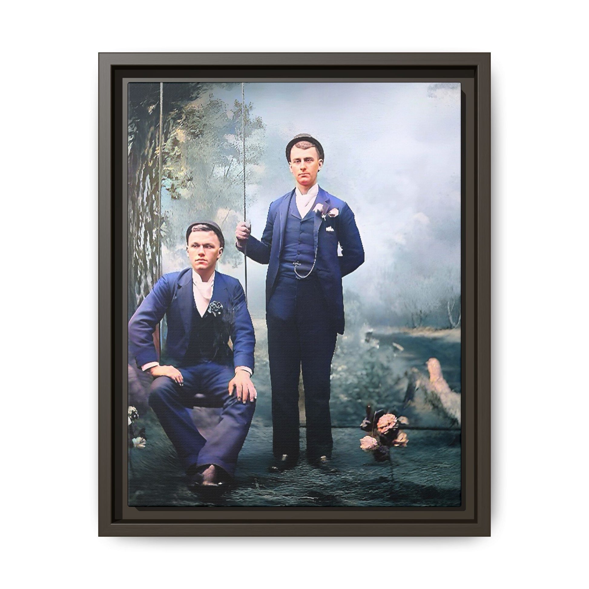 A restored vintage portrait of David & Earnest in Monongahela City, Pennsylvania. This framed matte canvas honors LGBTQ+ history, elegance, and enduring love. Gay Couple