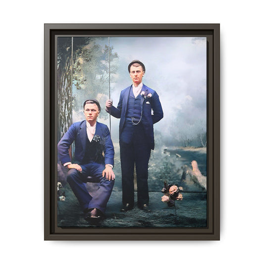 A restored vintage portrait of David & Earnest in Monongahela City, Pennsylvania. This framed matte canvas honors LGBTQ+ history, elegance, and enduring love. Gay Couple