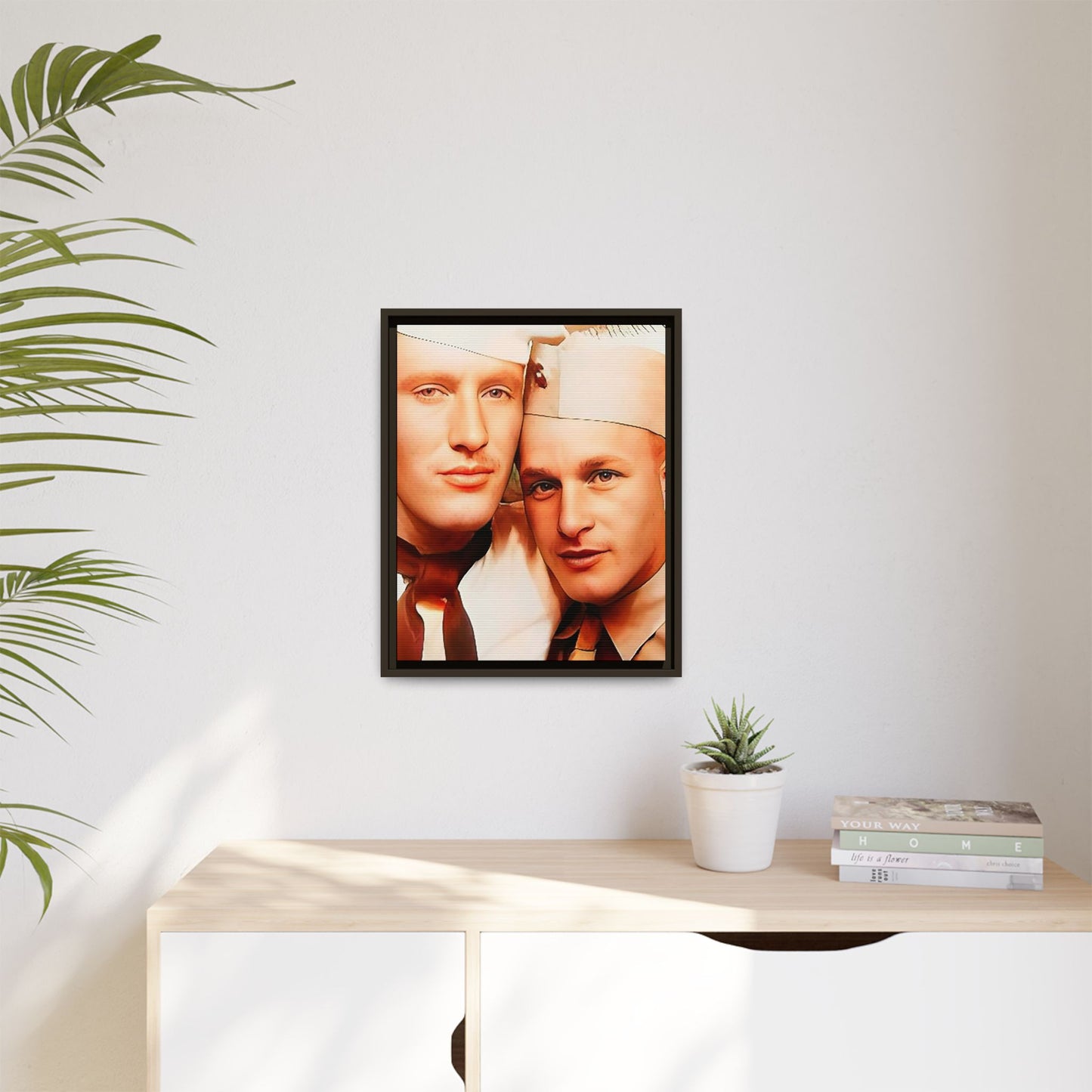Vintage Gay photo booth portrait of Glenn & Sidney in Nantucket, MA. A heartwarming tribute to queer history, captured in a candid embrace. Available as a matte canvas print, perfect for celebrating love, identity, and nostalgia. Military Portrait