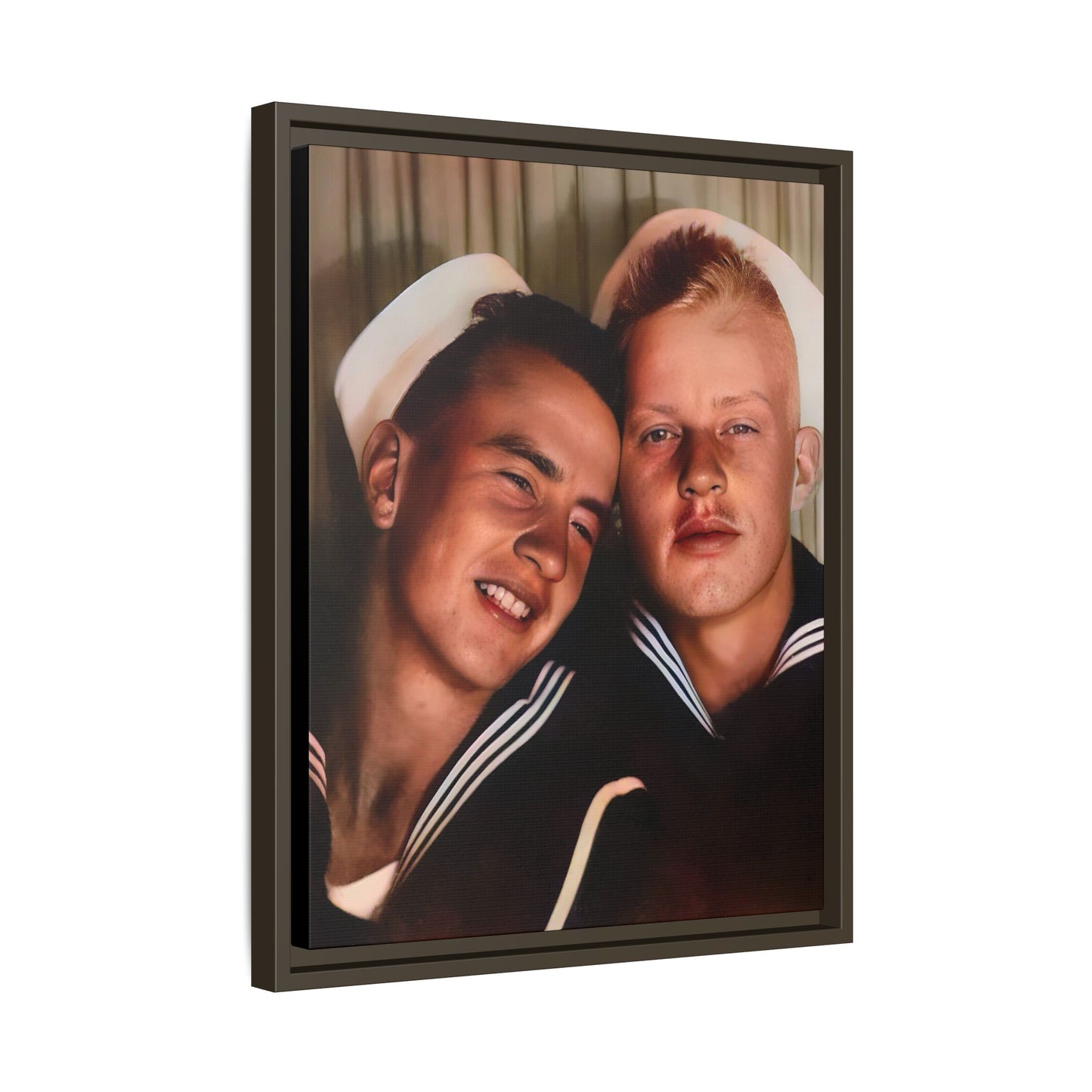 A framed vintage sailor portrait on matte canvas featuring Ray and Clyde in Newport, Rhode Island, capturing timeless LGBTQ+ love and companionship. Gay Couple Photo Booth