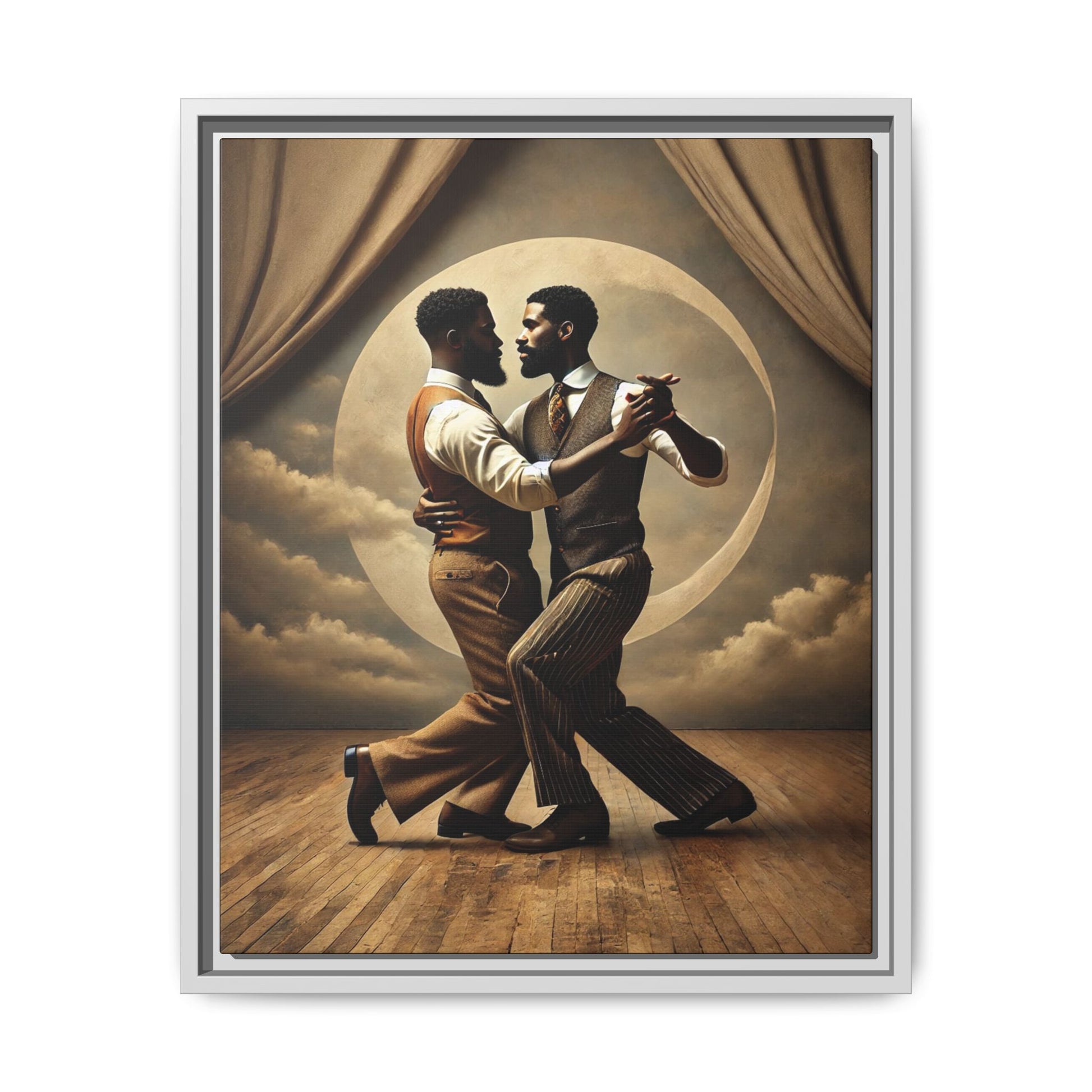 Original artwork of two Black men ballroom dancing in vintage 1920s suits under a glowing moon backdrop. A romantic and powerful tribute to queer love and Black history that reclaims moments lost to systemic bias and cultural erasure.