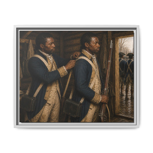 Museum-inspired portrait of African American Revolutionary War soldiers preparing for duty inside a log barracks.