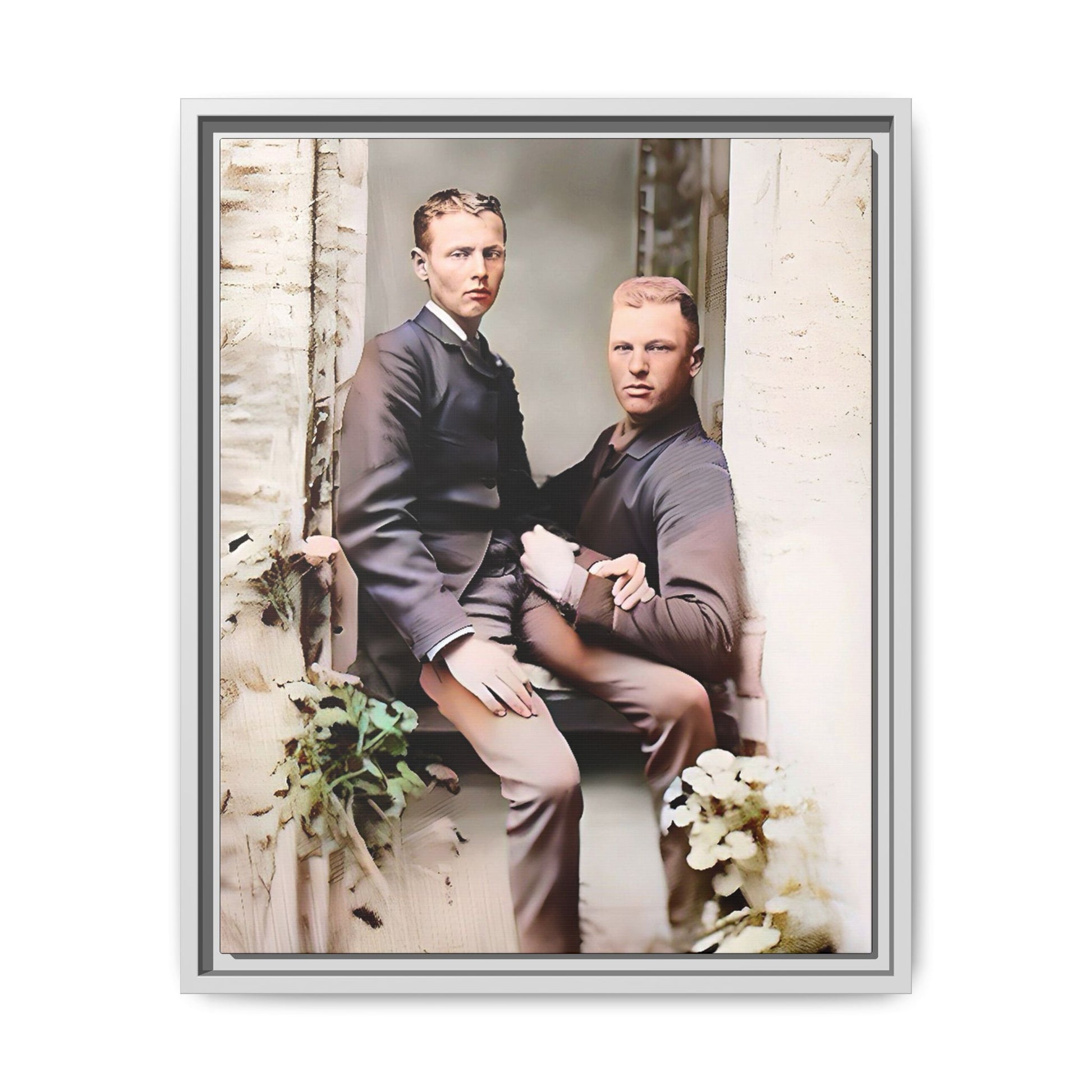 Restored vintage photo of Albert & Harold in tender embrace, Austin TX gay couple, framed art