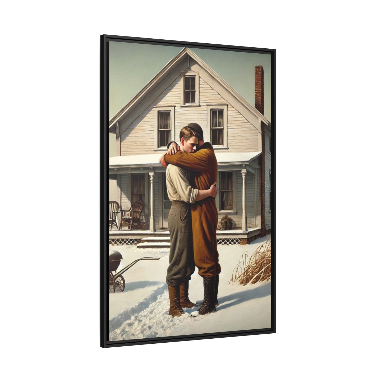 Artwork of a tender moment between a gay couple embracing outside a farmhouse in a snowy, rural landscape. Dressed in vintage attire, the two men find warmth and comfort in each other’s arms, capturing love and connection in a serene, Americana winter setting