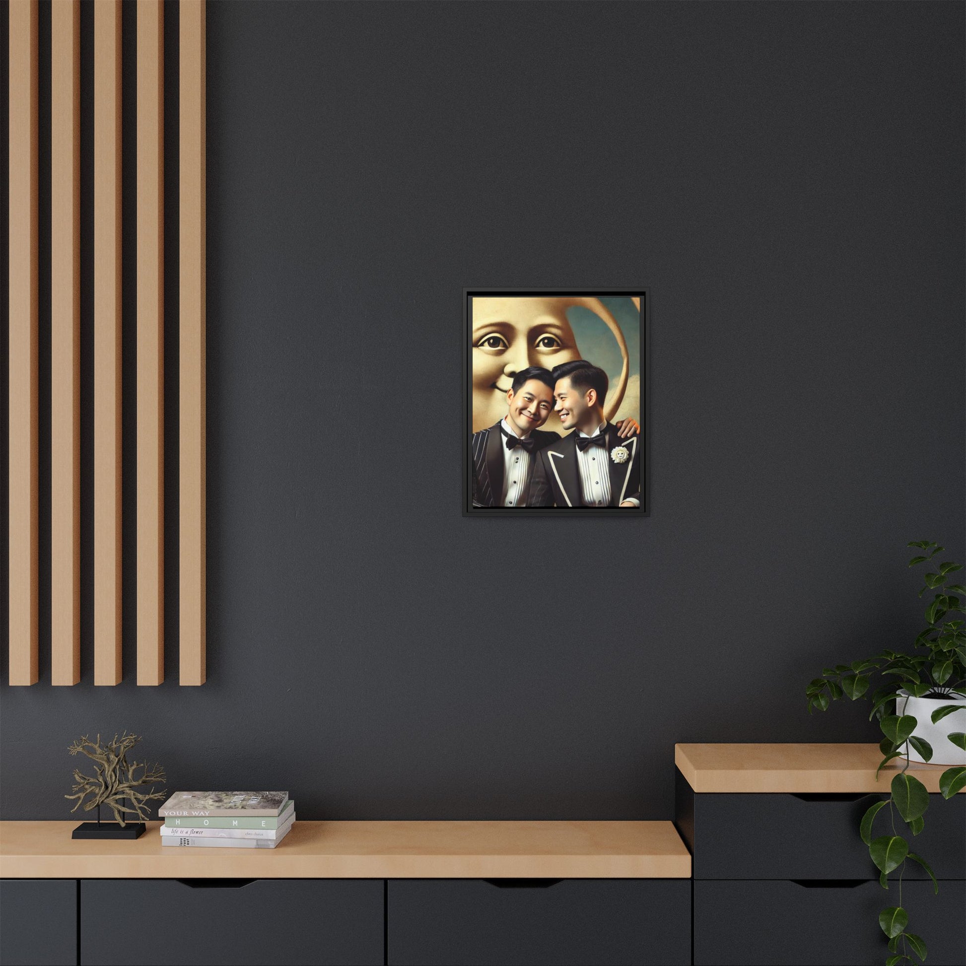 Framed matte canvas featuring a joyful queer Asian couple in tuxedos standing beneath a crescent moon. This artwork, part of the Missing Art Studies series, reimagines erased queer histories with warmth, dignity, and vintage-inspired style.