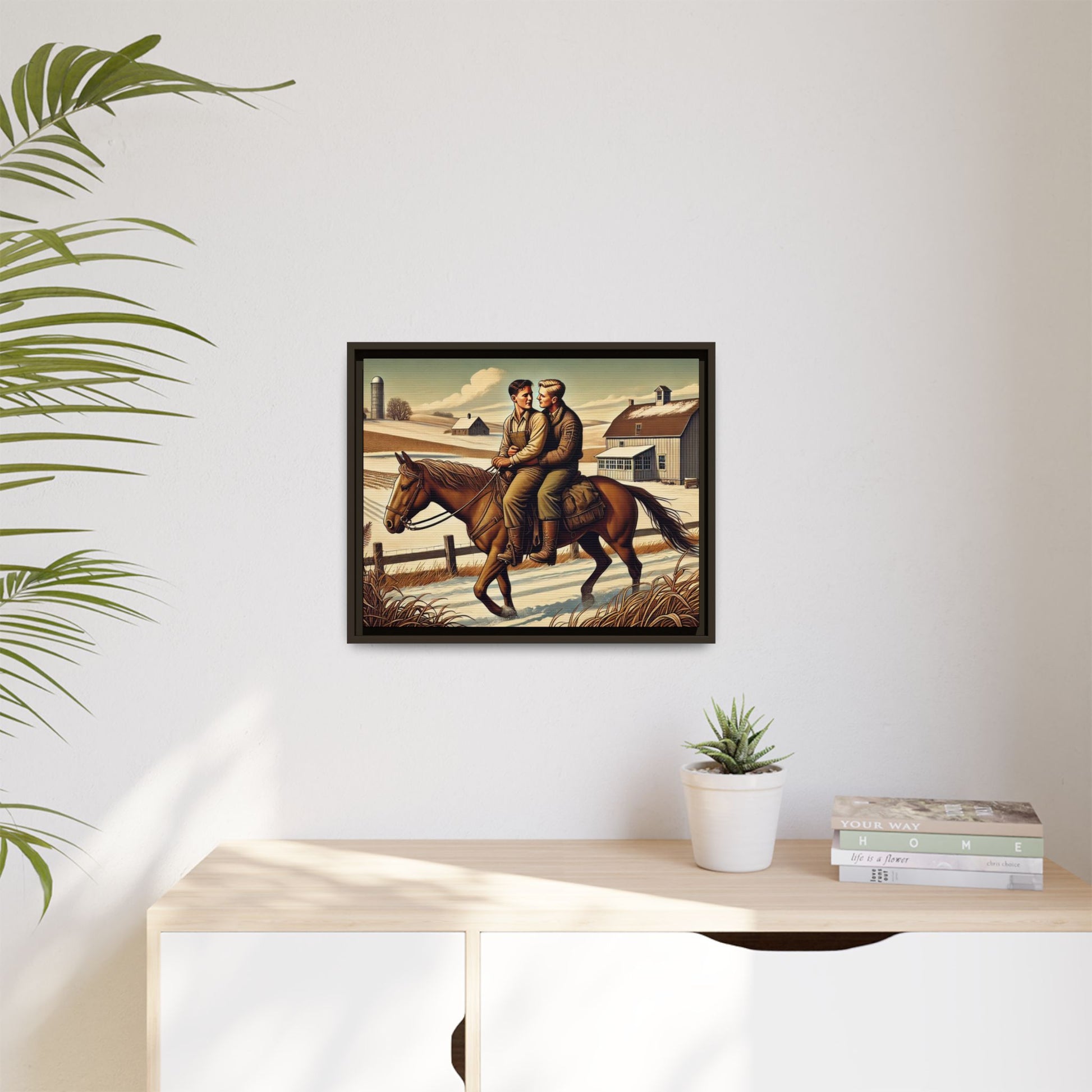 Artwork of a gay couple sharing a tender moment while seated together on a single horse in a snowy, rural Midwestern landscape. Dressed in early 20th-century attire, the men gaze at each other warmly, capturing love, resilience, and companionship in a serene 1930s-inspired American scene