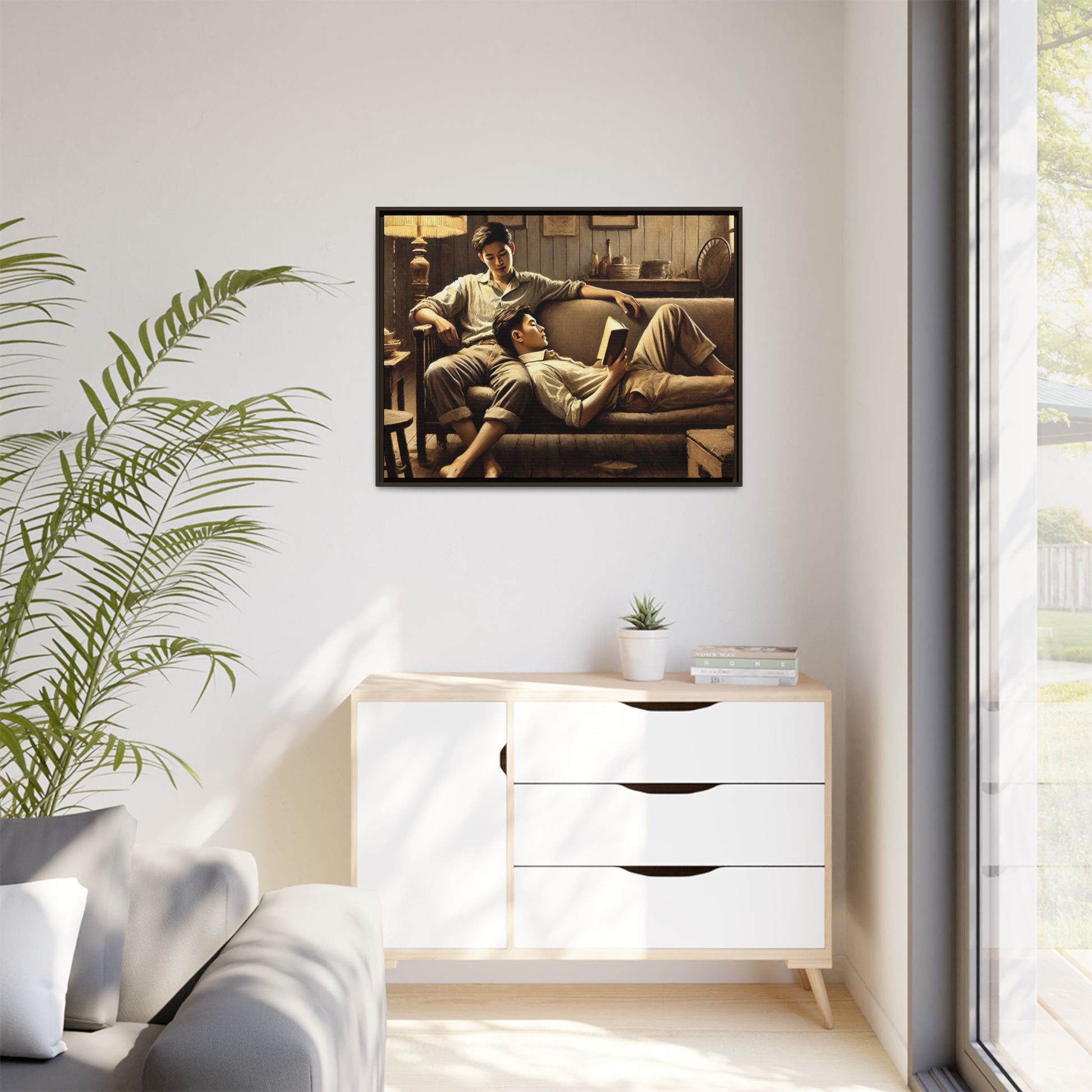 Framed artwork of an Asian-American gay couple sharing a tranquil moment on a rustic sofa, inspired by Grant Wood’s style