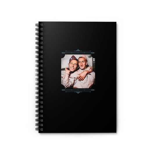 Spiral notebook featuring a vintage WWII photo of two U.S. Army soldiers smiling together in a photo booth.