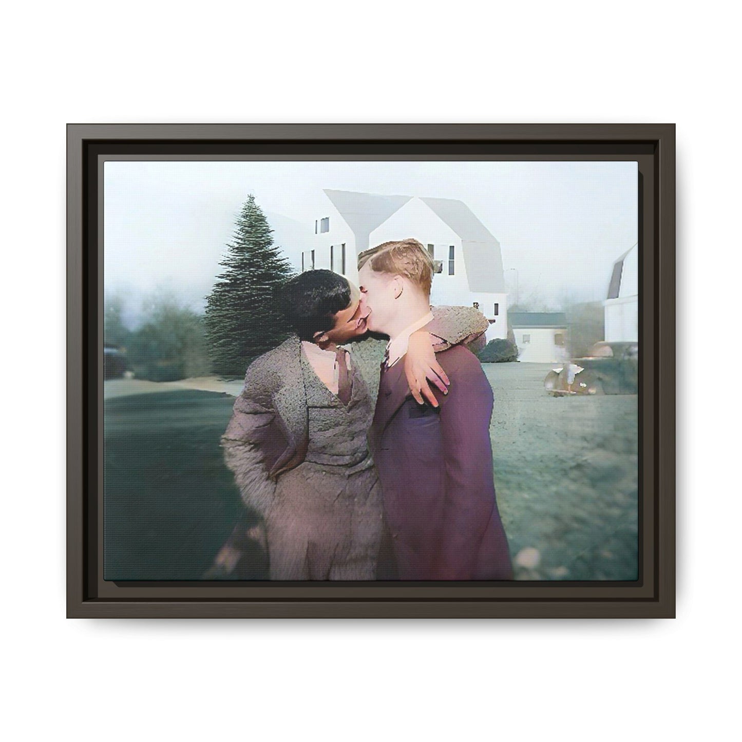 A vintage LGBTQ+ portrait of Milton & Shawn in Londonderry, NH. This framed matte canvas captures a timeless moment of love and resilience, making it a perfect piece for collectors, history enthusiasts, and those celebrating love in all forms. Gay Couple Art