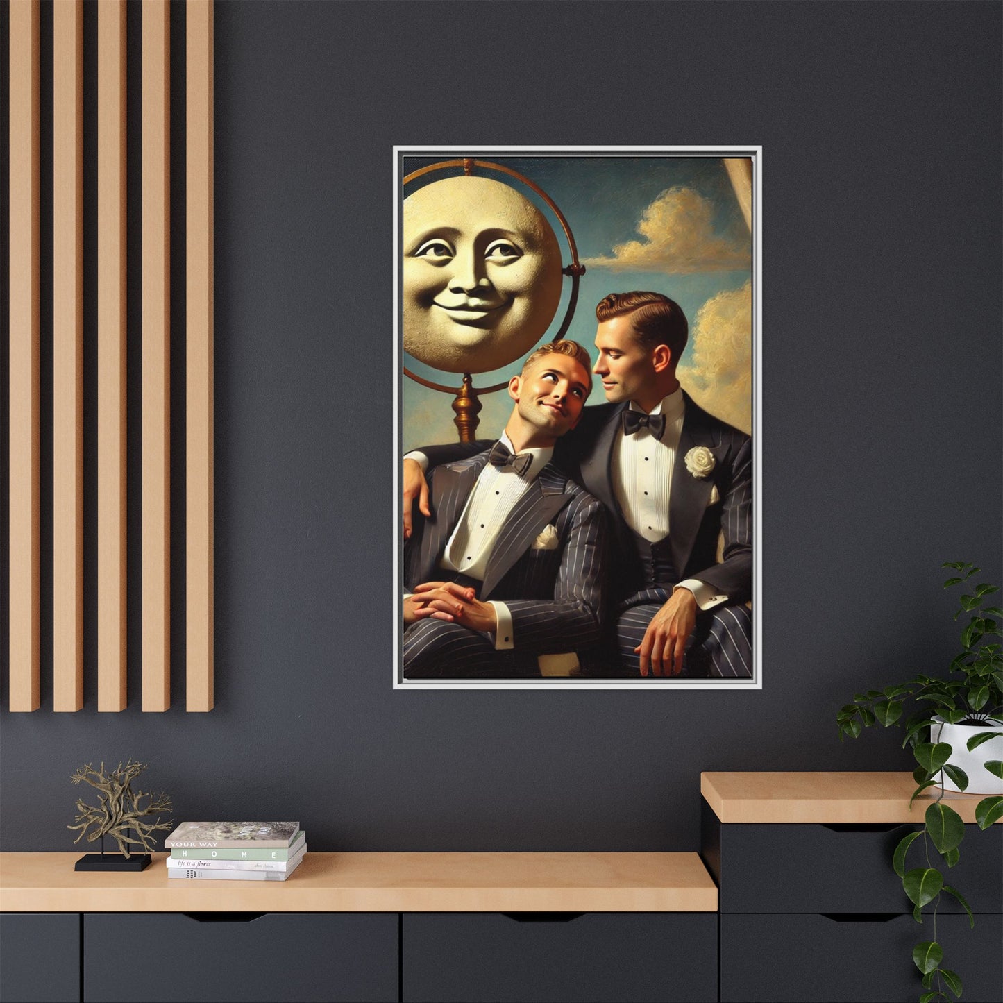 Framed matte canvas portrait featuring two young men in vintage overalls with a crescent moon prop above them. This artwork from the Missing Art Studies series reclaims LGBTQ+ imagery that may have been lost to bias, presenting warmth, intimacy, and presence.