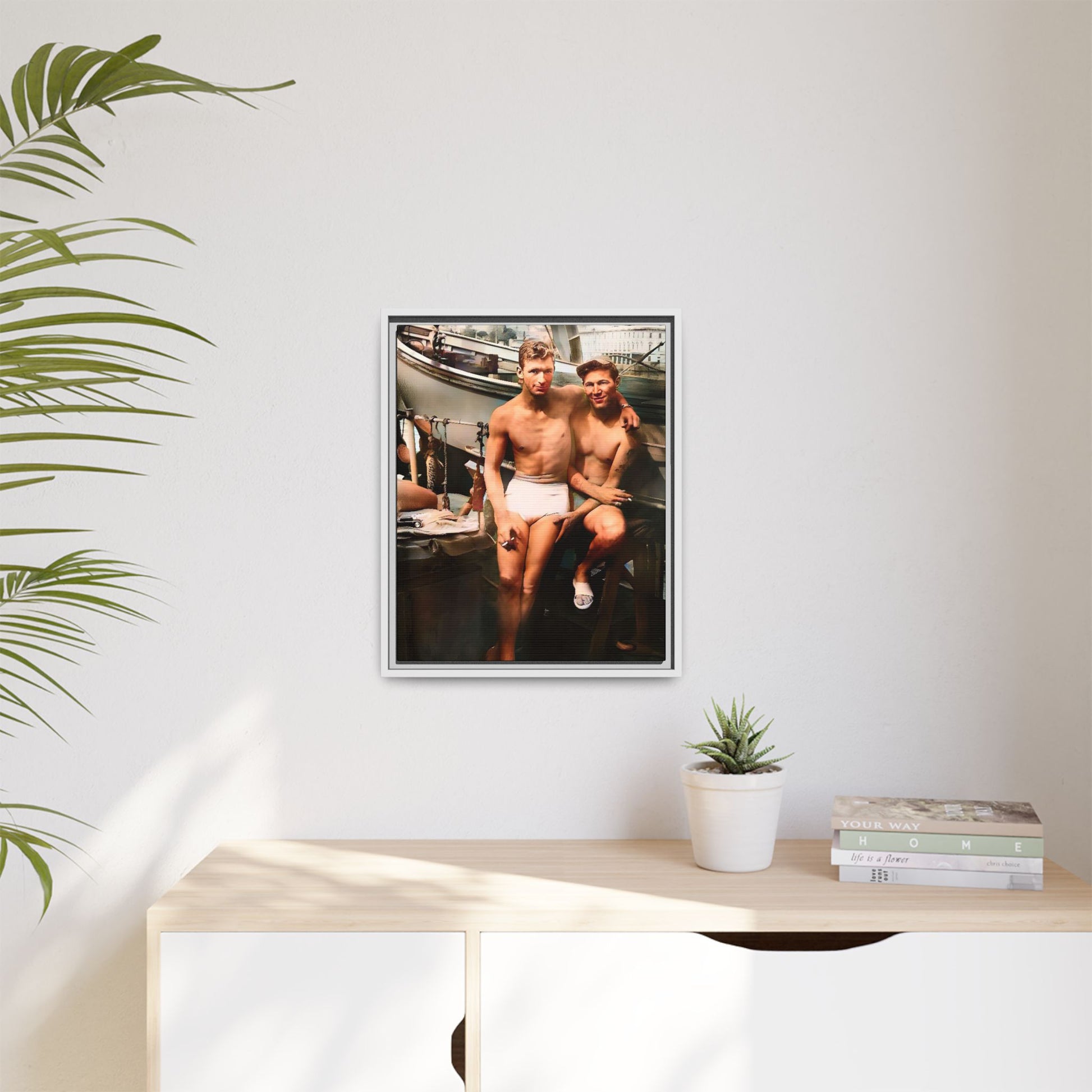 A framed vintage nautical portrait on matte canvas featuring Richard and Joey in Gulf Shores, Alabama, capturing timeless LGBTQ+ connection and coastal charm. Gay Couple