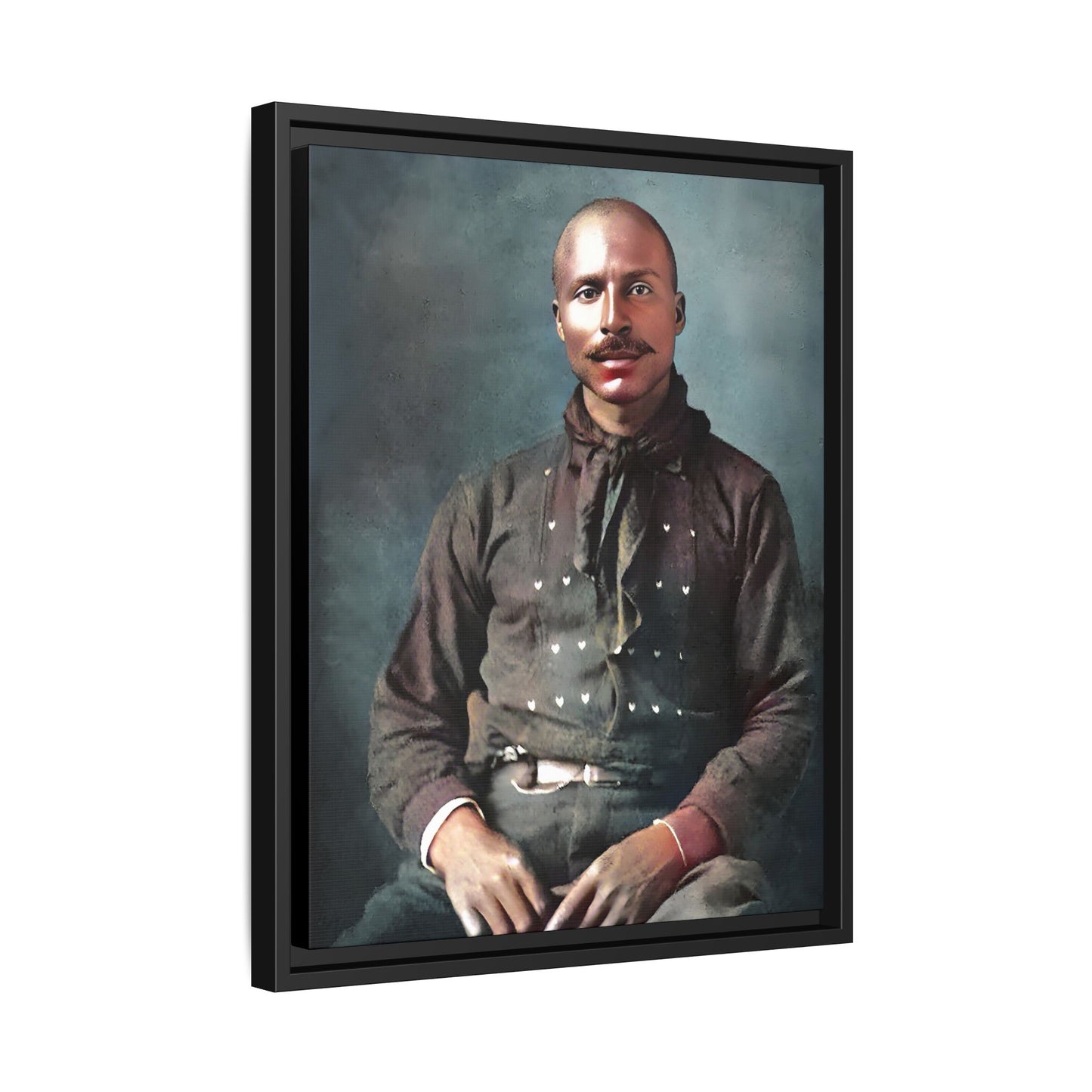 A vintage Western portrait of Jorge, capturing the rugged charm of the Old West in Mesa, Arizona. This framed matte canvas showcases resilience and classic cowboy style, perfect for rustic, Western, or Americana-inspired decor. Hispanic Latino