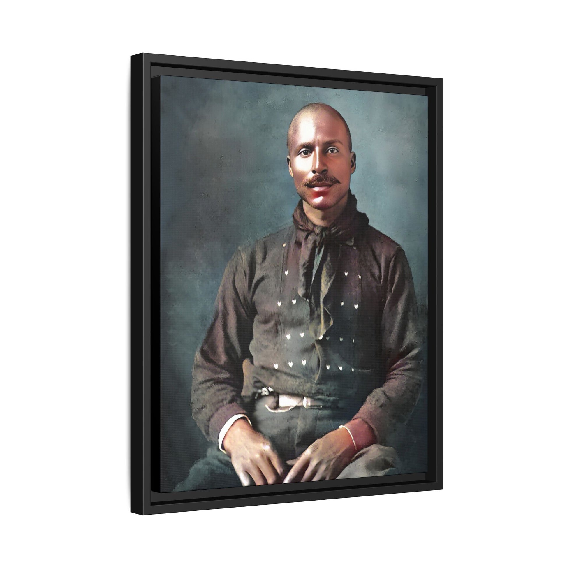 A vintage Western portrait of Jorge, capturing the rugged charm of the Old West in Mesa, Arizona. This framed matte canvas showcases resilience and classic cowboy style, perfect for rustic, Western, or Americana-inspired decor. Hispanic Latino