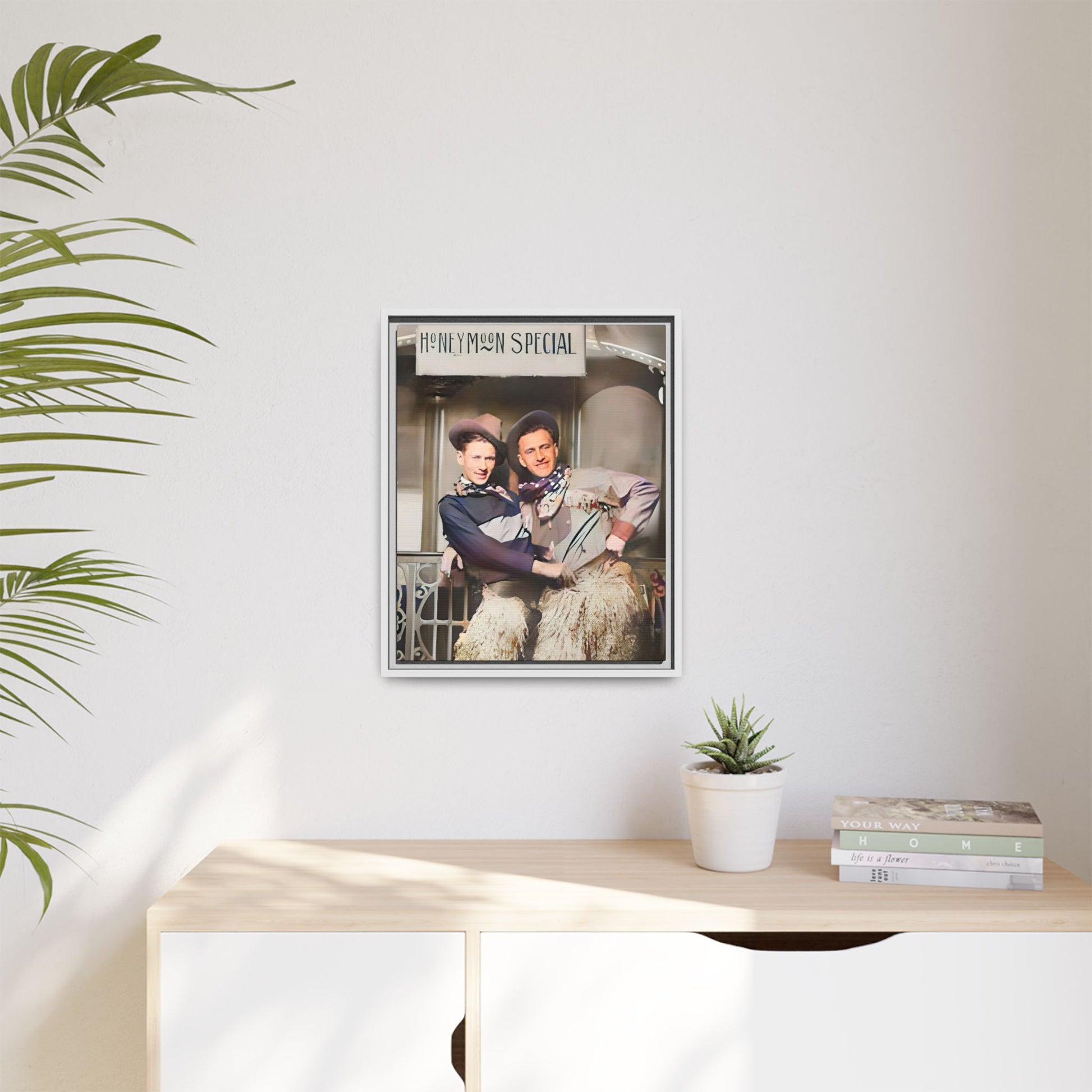 Vintage portrait of Harry & Earl in whimsical cowboy attire under the "Honeymoon Special" sign, set in 1920s San Antonio. Framed matte canvas art celebrating LGBTQ+ love and rustic Americana charm. Perfect for history enthusiasts and rustic decor lovers. Gay Marriage Wedding Gift