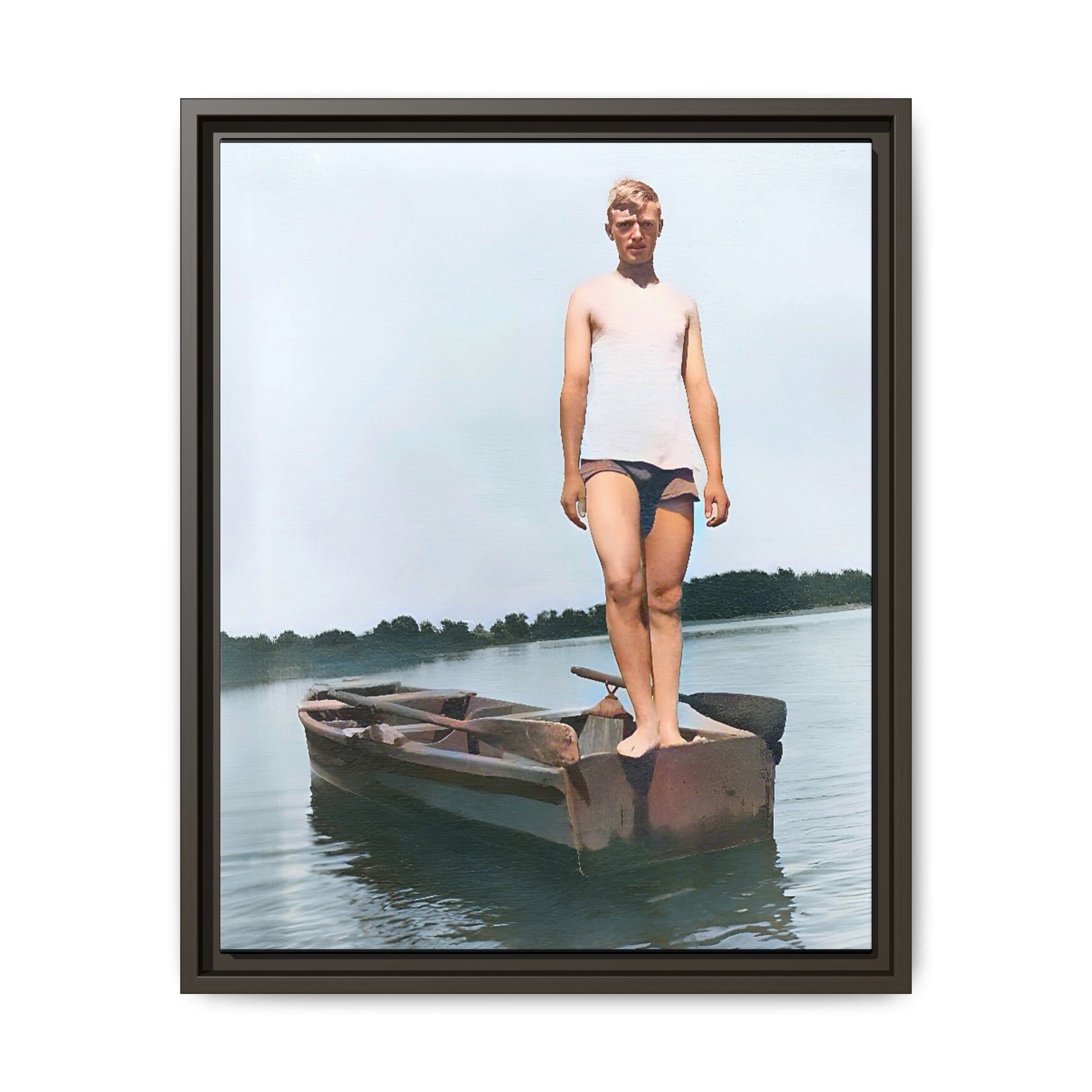 A framed vintage lake portrait on matte canvas featuring George standing on a rowboat at Creve Coeur Lake, Missouri, capturing timeless outdoor nostalgia.