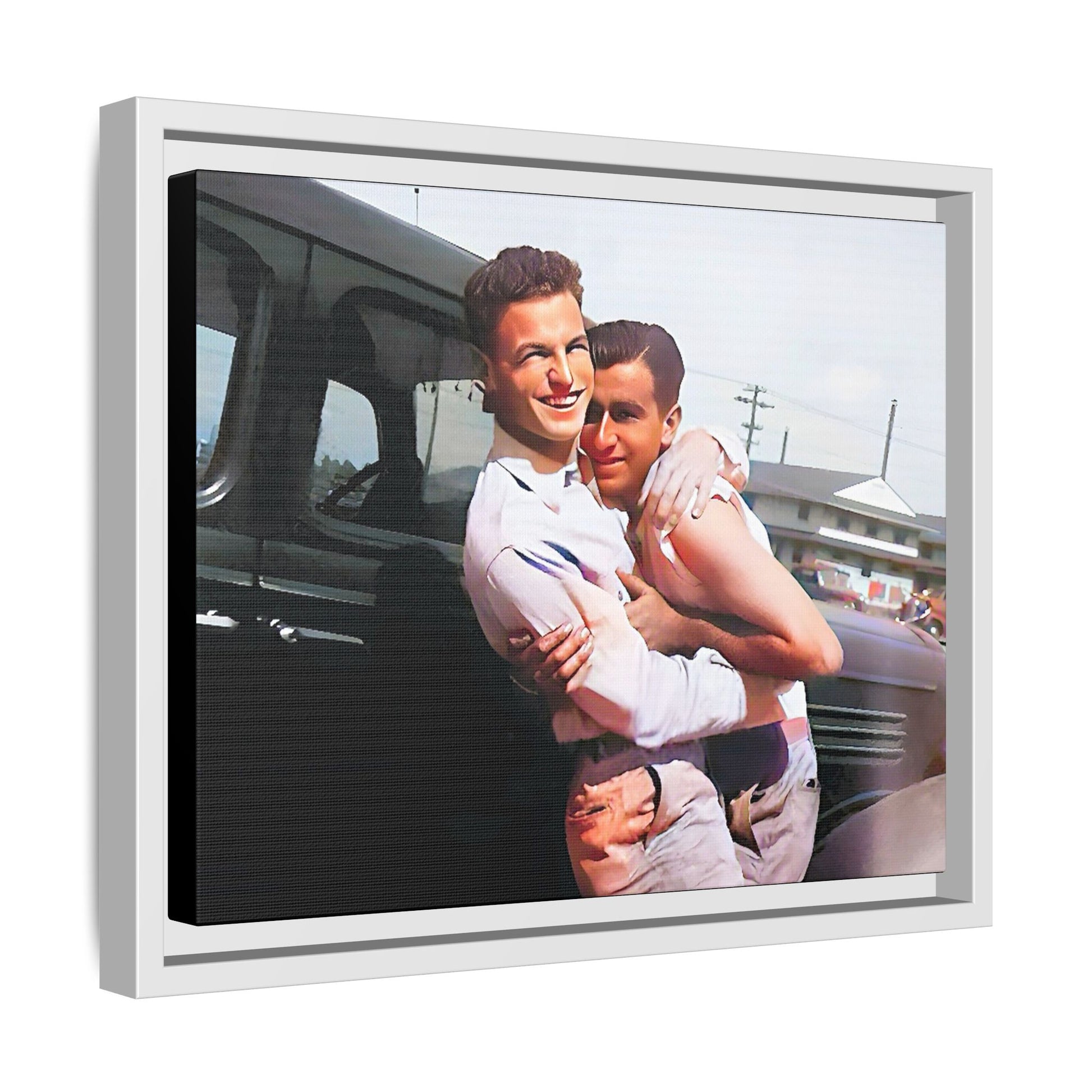 A framed vintage love portrait on matte canvas featuring Henry and Raymond in Peoria, Illinois, capturing timeless LGBTQ+ connection and joy. Gay Couple