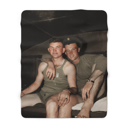 Cozy fleece throw with restored historical barracks portrait and military dog tags