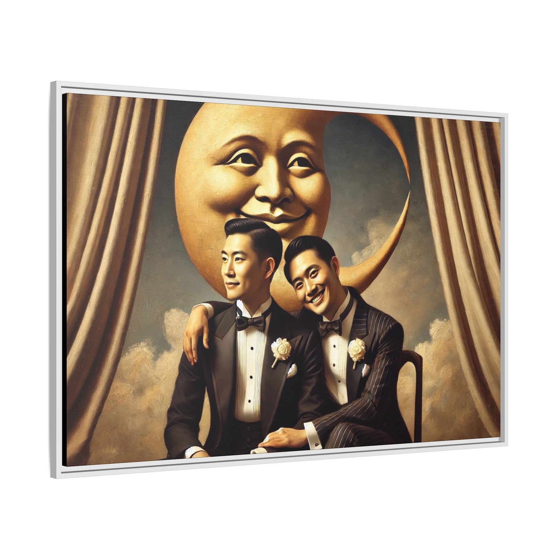 Vintage-inspired artwork of a romantic gay Asian couple in tuxedos sitting affectionately beneath a smiling crescent moon prop, surrounded by vintage stage curtains and dreamy clouds. A reclaimed queer narrative from the Man In The Moon series.