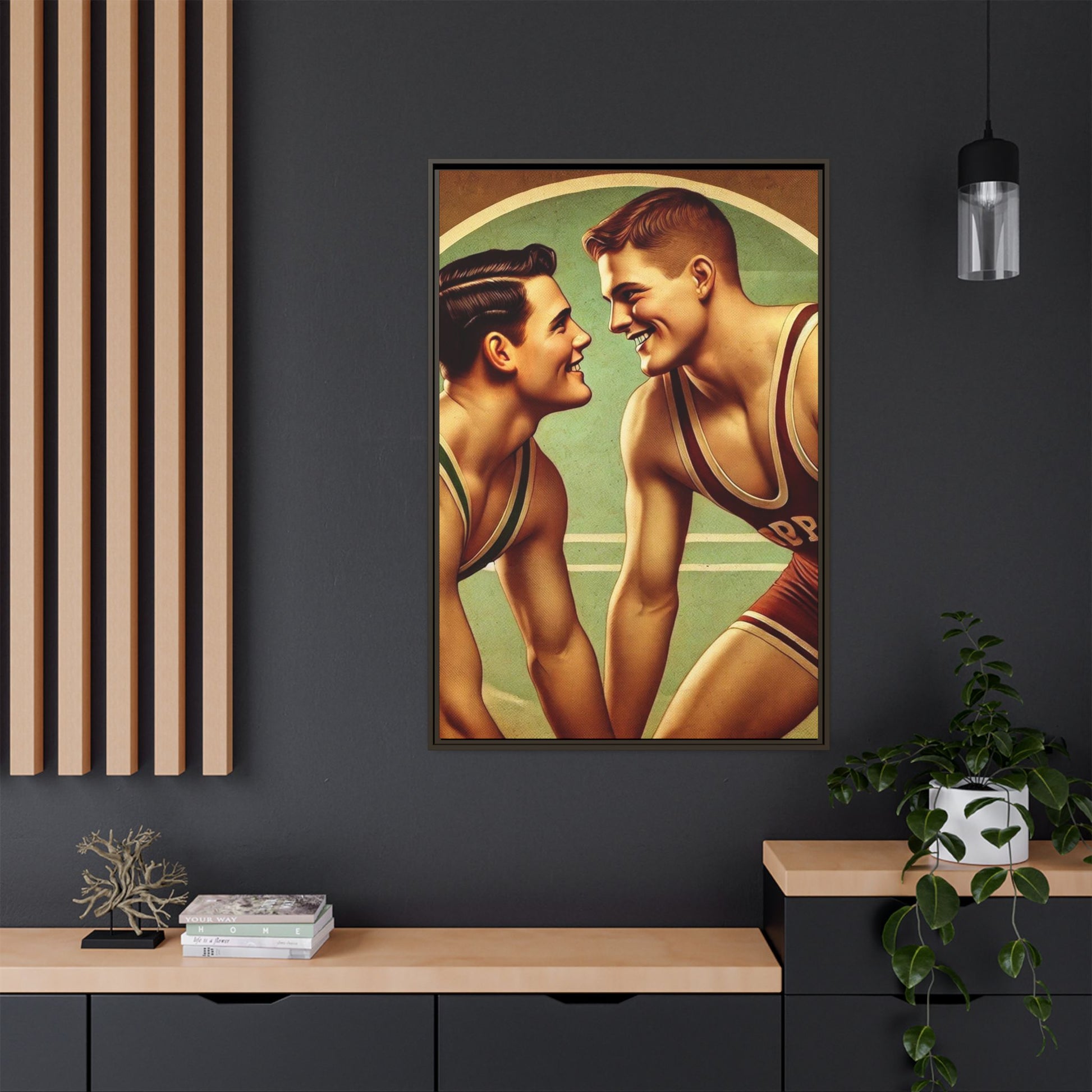Framed artwork of two young wrestlers in vintage singlets on a stylized mat, inspired by Grant Wood's nostalgic Americana style.
