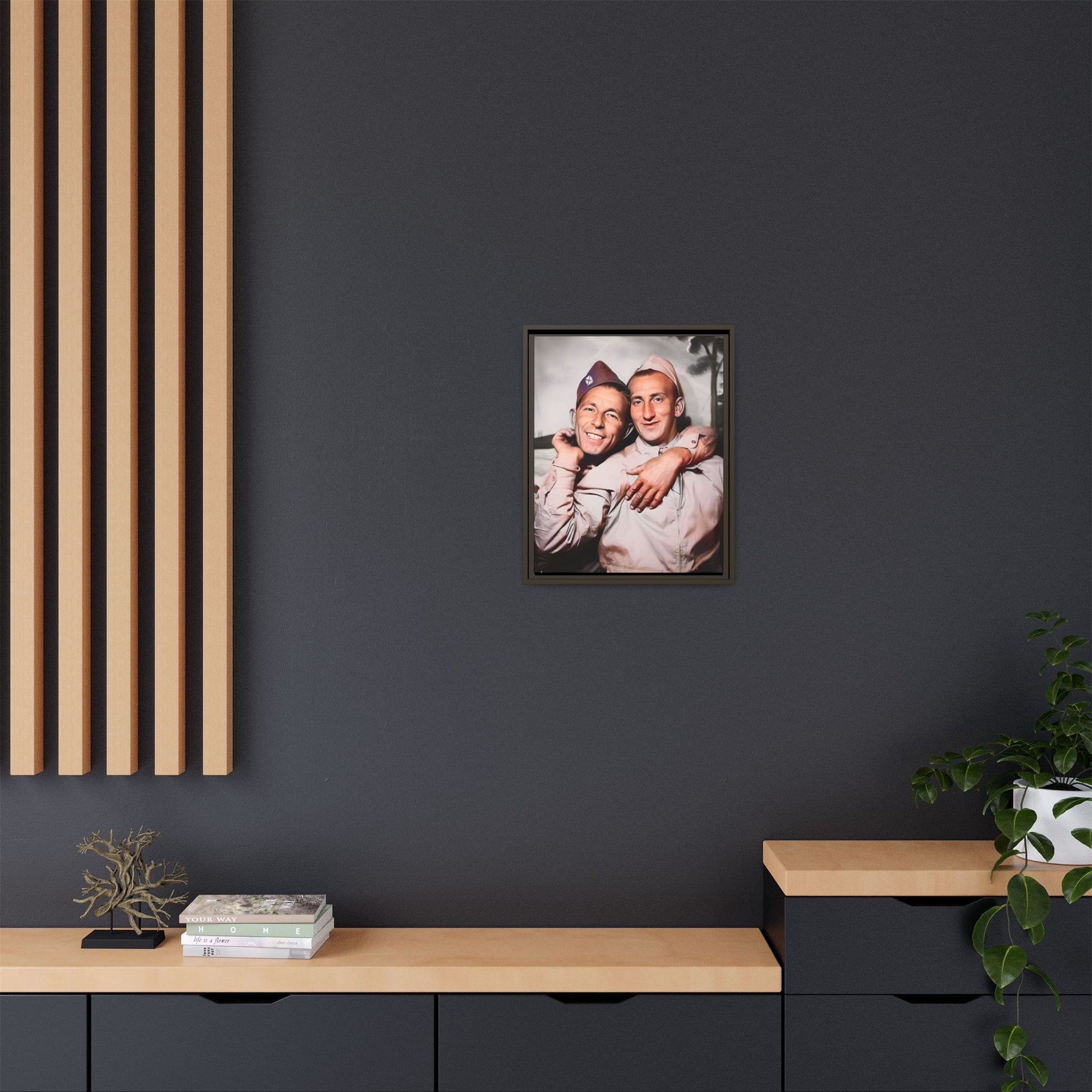 A framed vintage photo on matte canvas featuring a heartfelt portrait of a military couple at Fort Jackson, South Carolina, celebrating love and resilience in history.