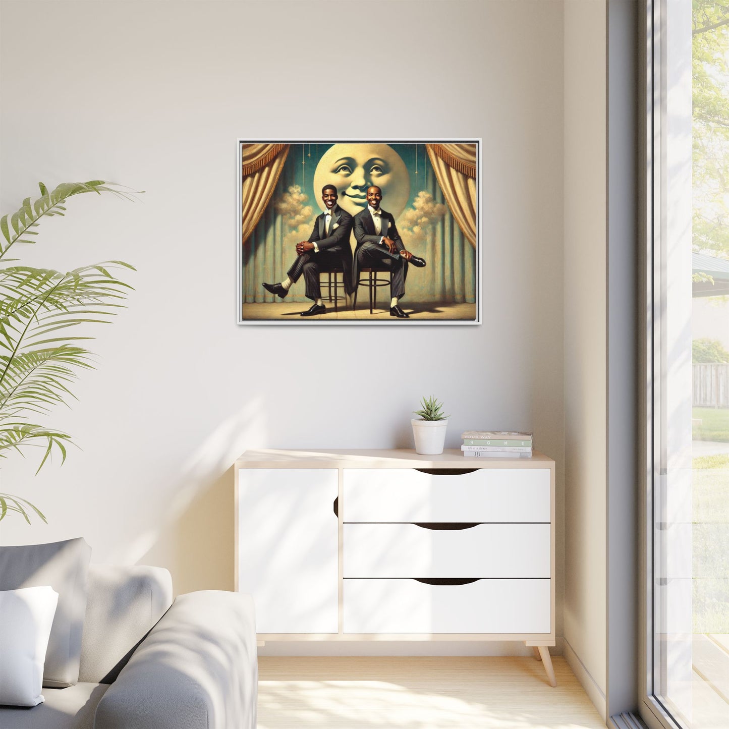 Framed vintage-style portrait of two Black men in tuxedos seated under a smiling crescent moon prop with golden curtains and cloud backdrop. This restored matte canvas honors lost LGBTQ history and reclaims early 20th-century queer representation with pride.