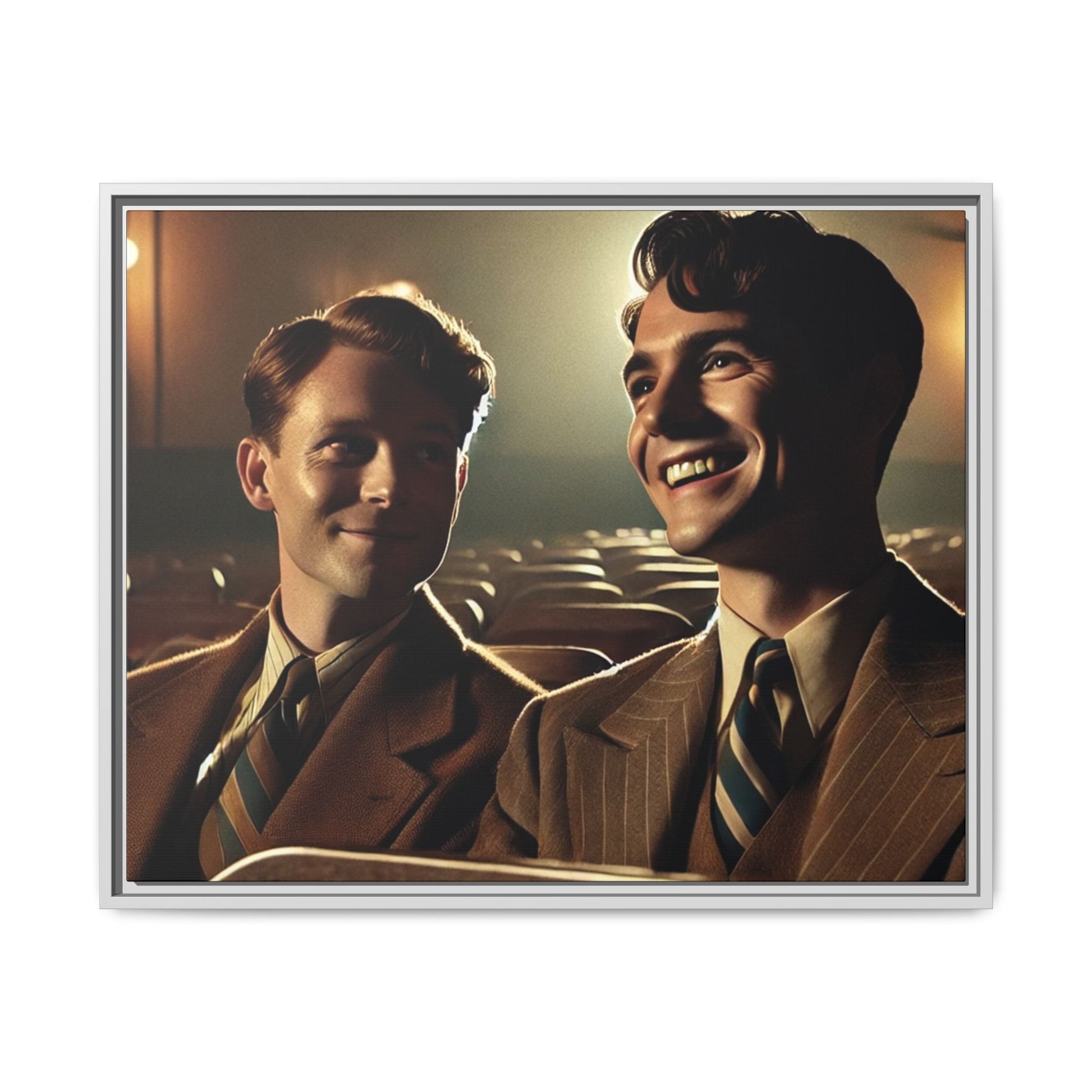 Vintage-style photo of two young men sharing an intimate moment on a date in a 1930s movie theater. Dressed in classic pinstripe suits, their smiles and close connection evoke the warmth and charm of the era, celebrating LGBTQ+ history and timeless romance.