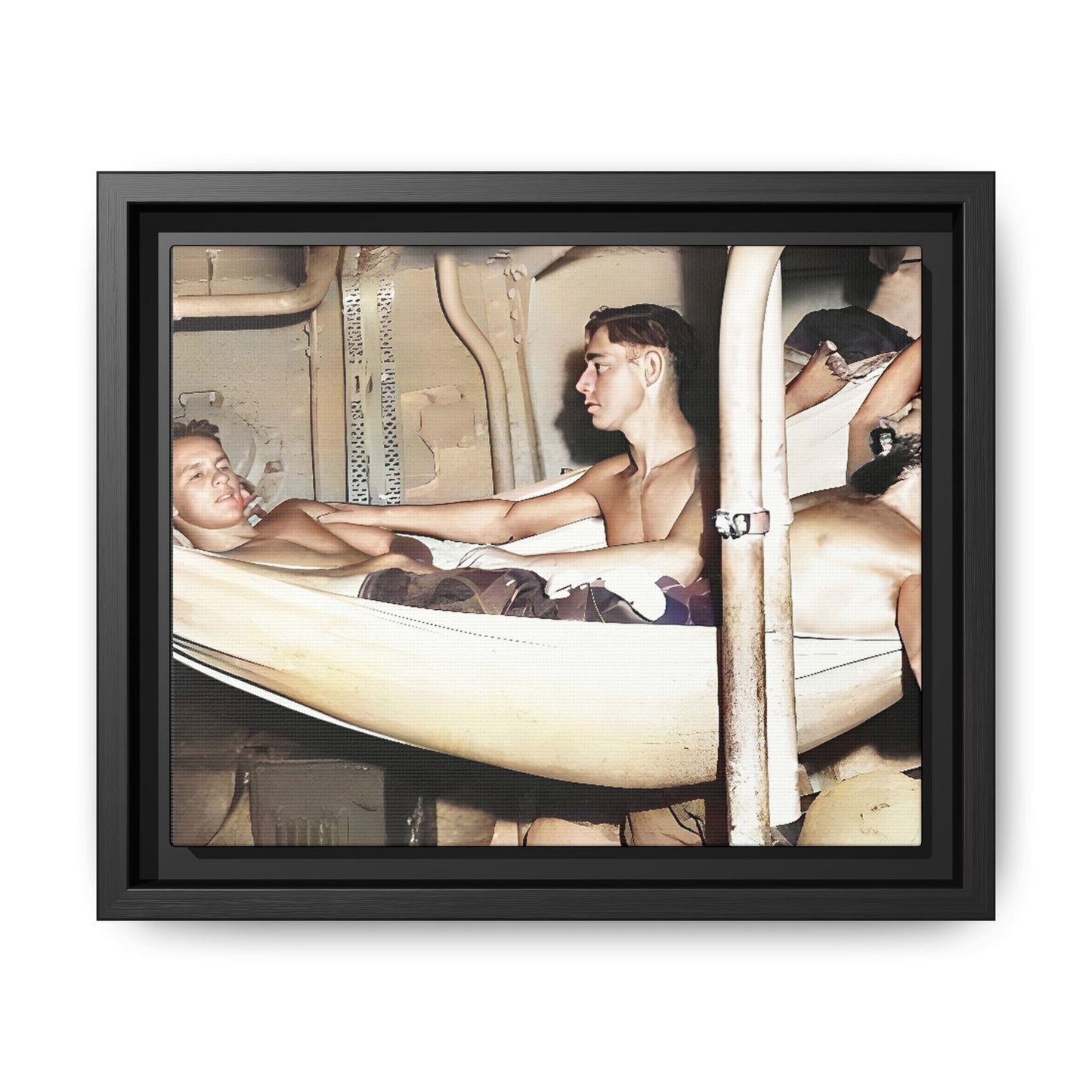 A framed vintage maritime photo on matte canvas featuring sailors aboard the Orleans, capturing life at sea and camaraderie.