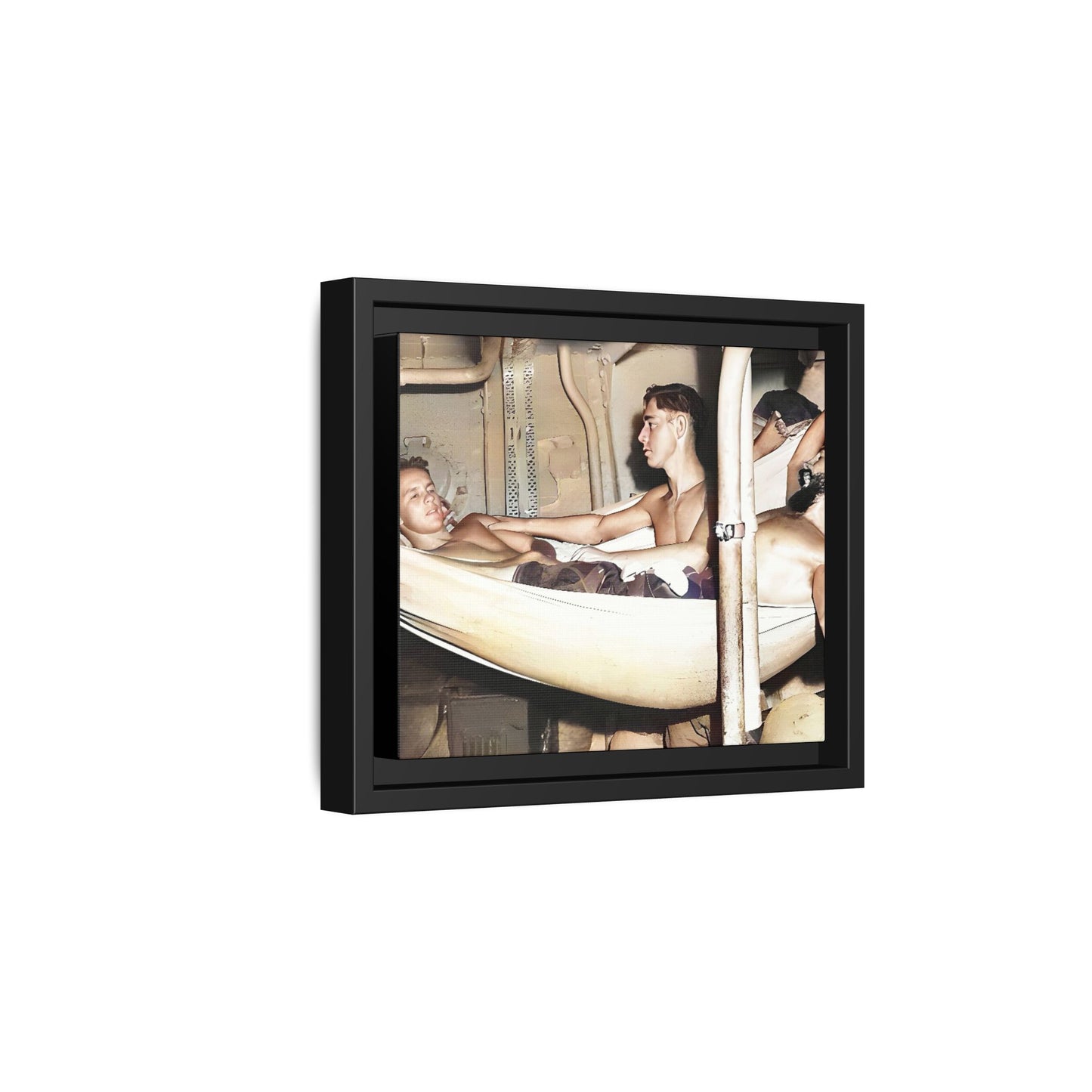 A framed vintage maritime photo on matte canvas featuring sailors aboard the Orleans, capturing life at sea and camaraderie.