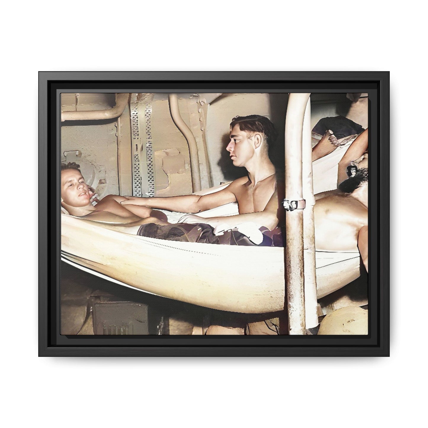 A framed vintage maritime photo on matte canvas featuring sailors aboard the Orleans, capturing life at sea and camaraderie.